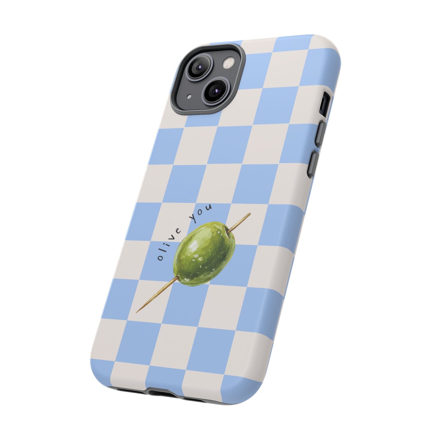 Blue Checkered Phone Case — 'Olive You' Patterned Protective Cover