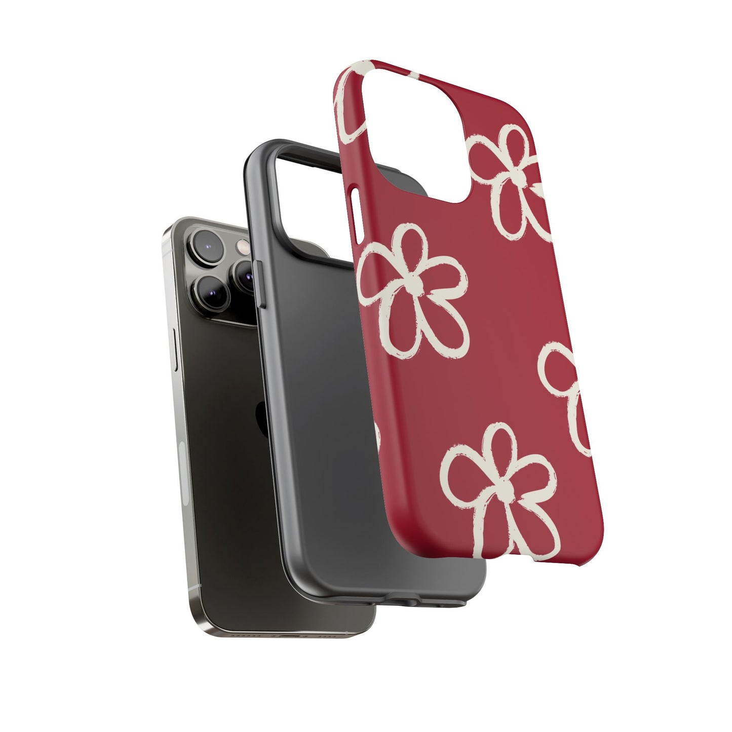 Red Floral Tough Phone Case — Hand-Drawn White Flowers on Burgundy