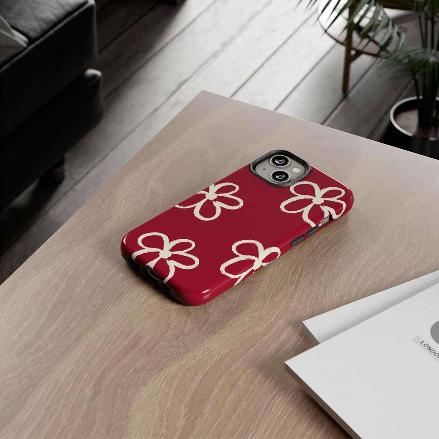 Red Floral Tough Phone Case — Hand-Drawn White Flowers on Burgundy