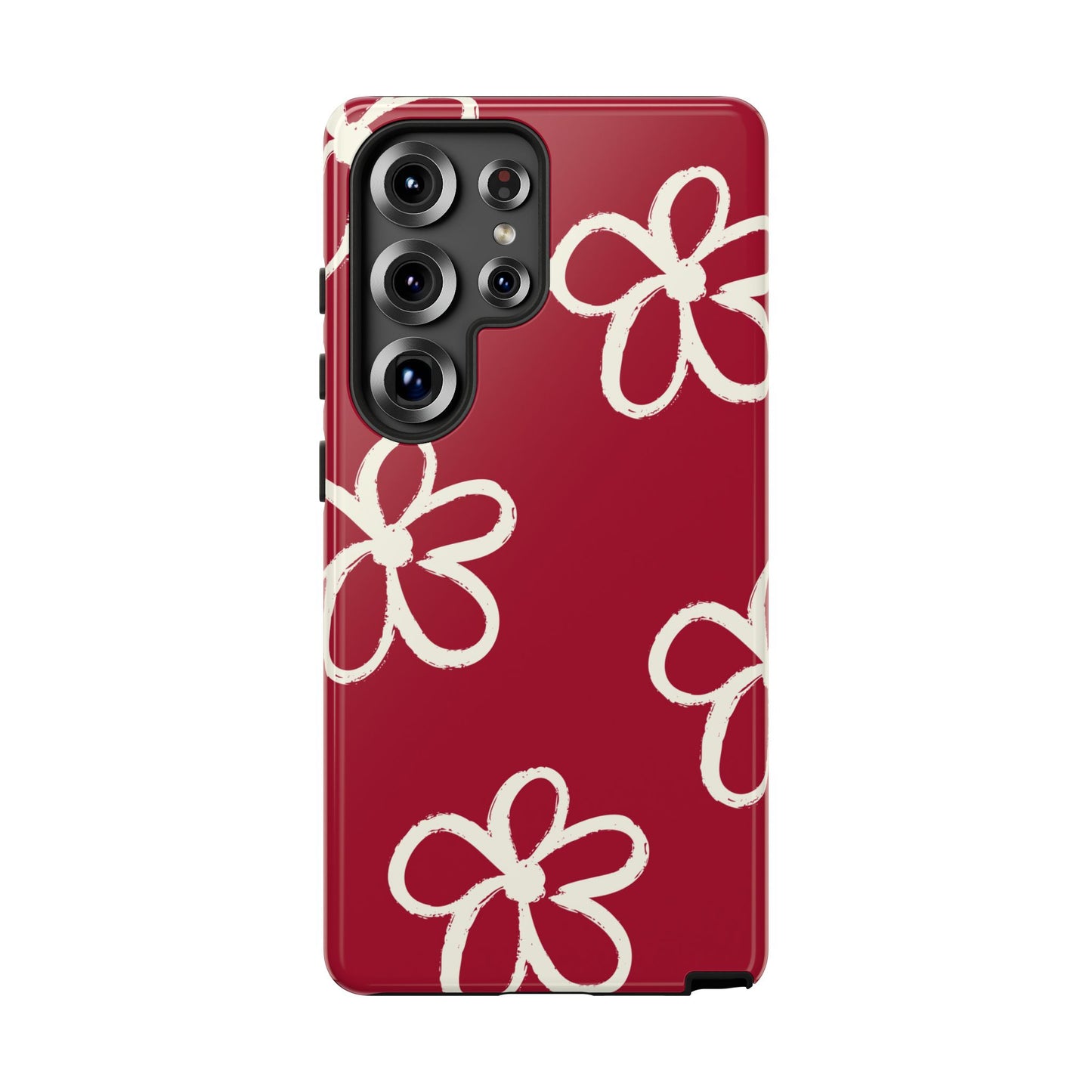 Red Floral Tough Phone Case — Hand-Drawn White Flowers on Burgundy