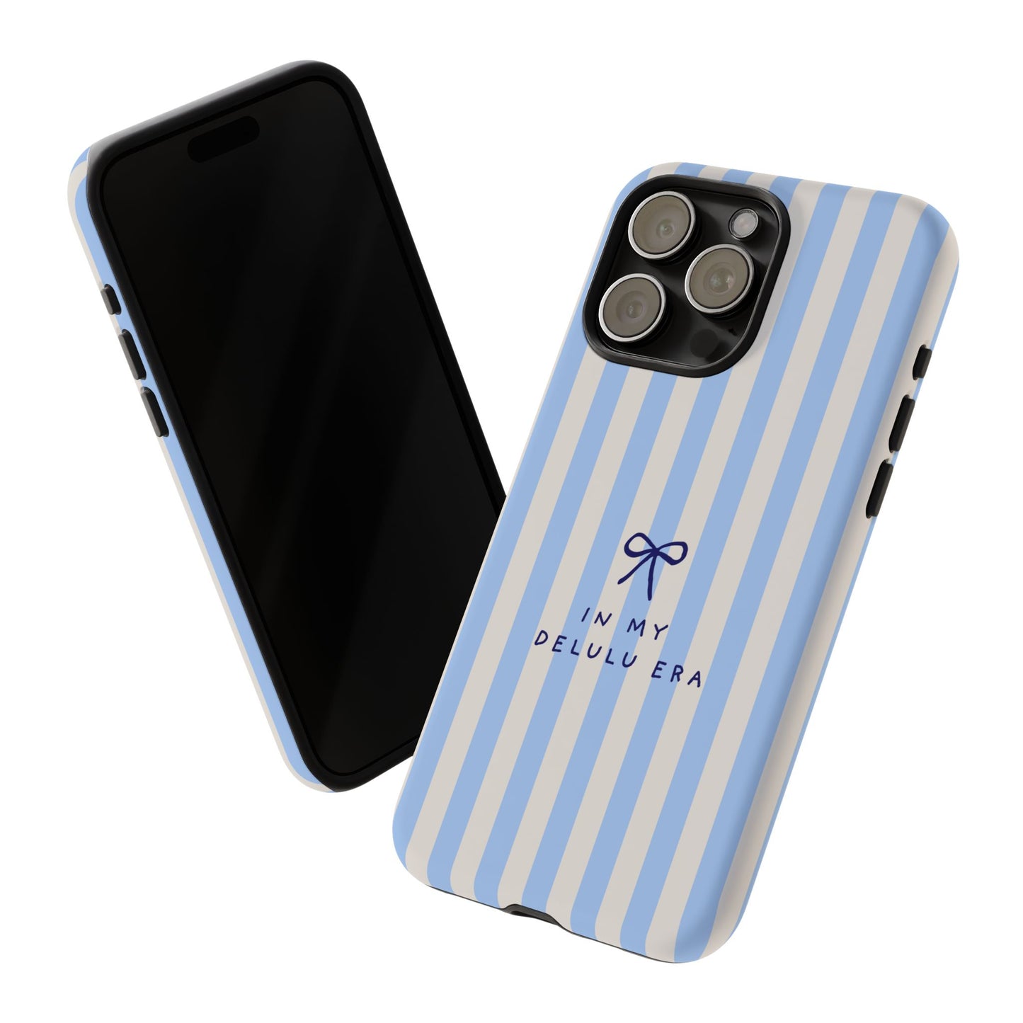 Striped Blue Phone Case — "In My Delulu Era" Cute Bow Design