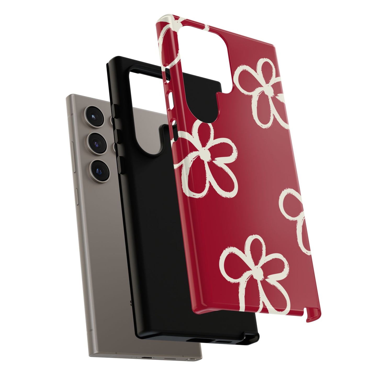 Red Floral Tough Phone Case — Hand-Drawn White Flowers on Burgundy