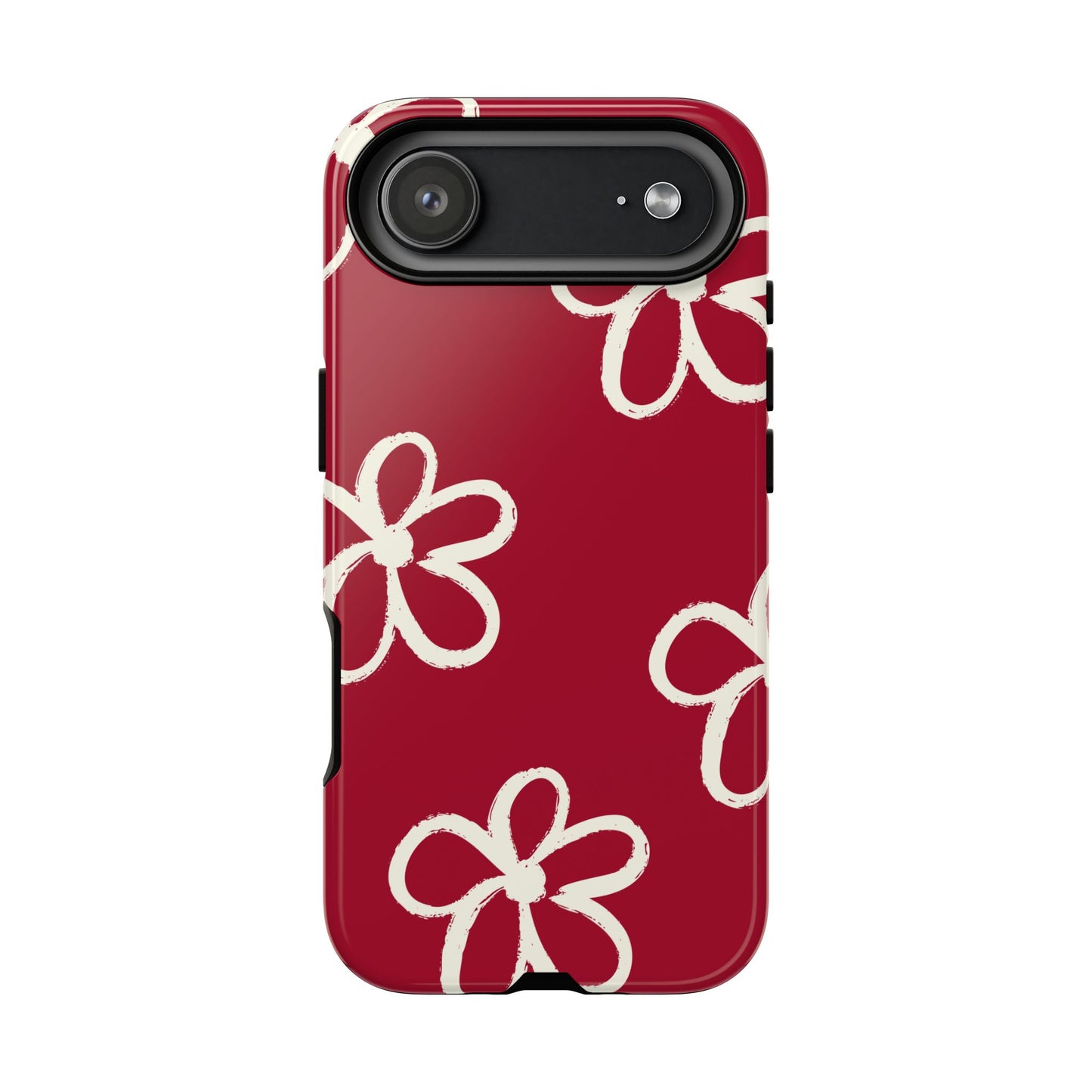 Red Floral Tough Phone Case — Hand-Drawn White Flowers on Burgundy