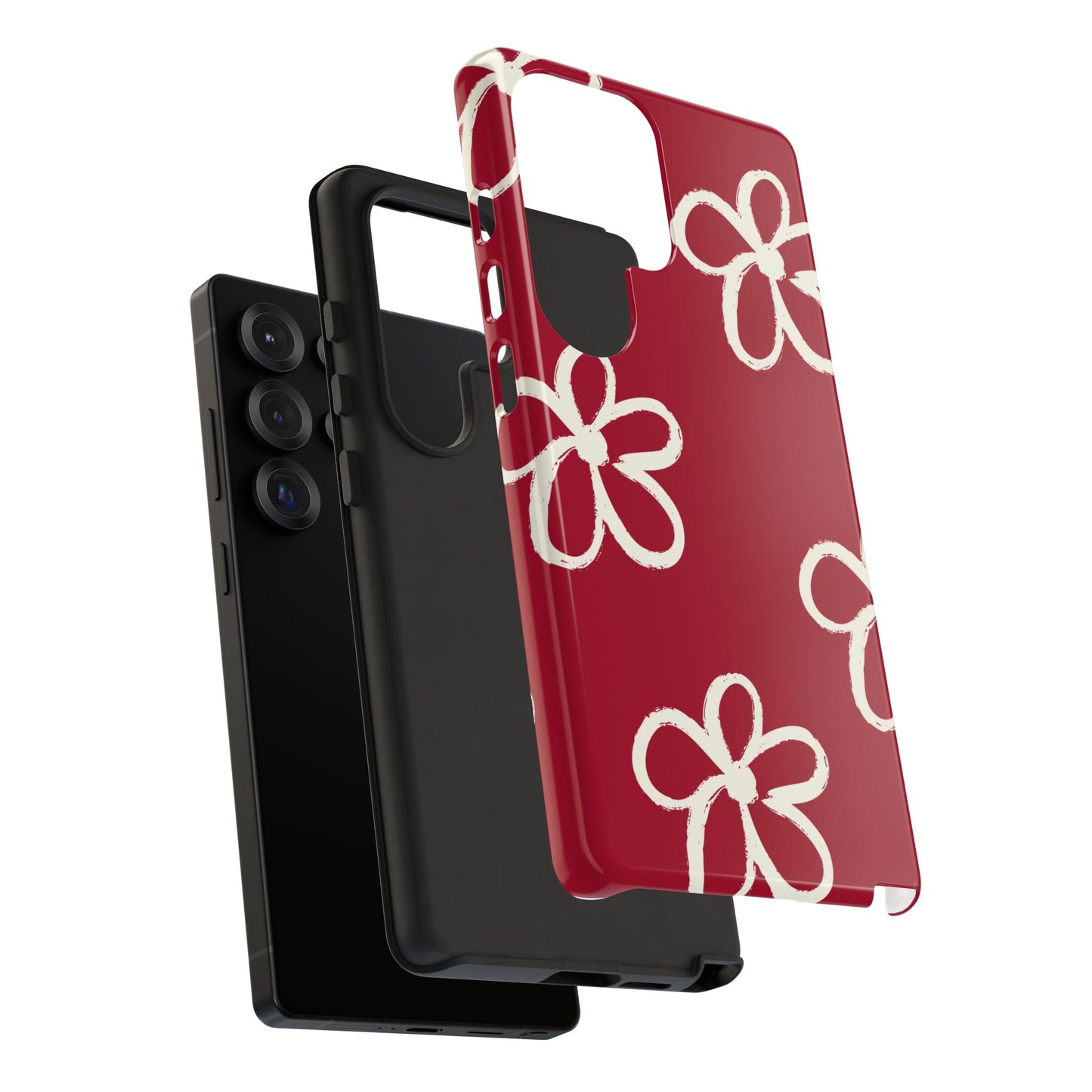 Red Floral Tough Phone Case — Hand-Drawn White Flowers on Burgundy
