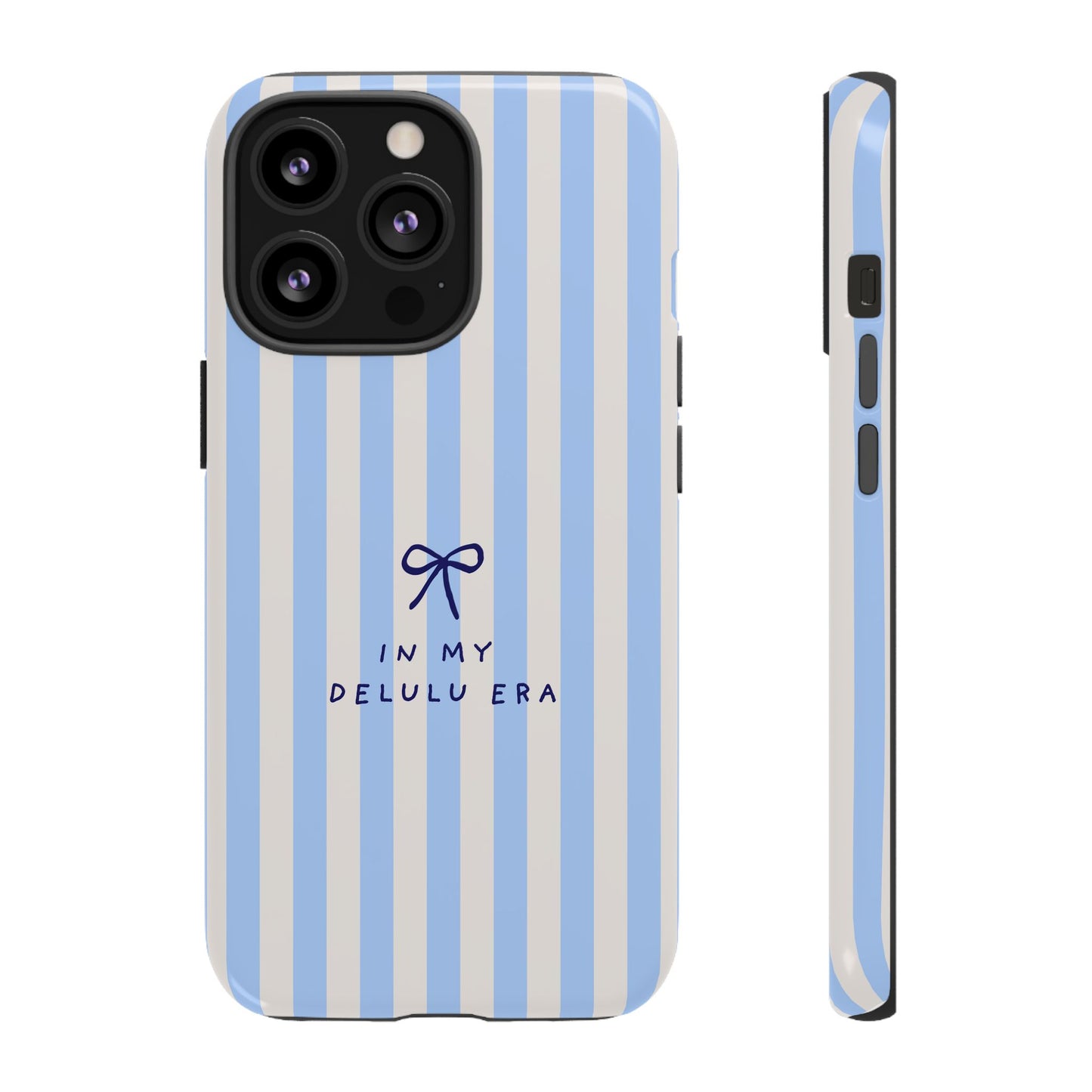 Striped Blue Phone Case — "In My Delulu Era" Cute Bow Design