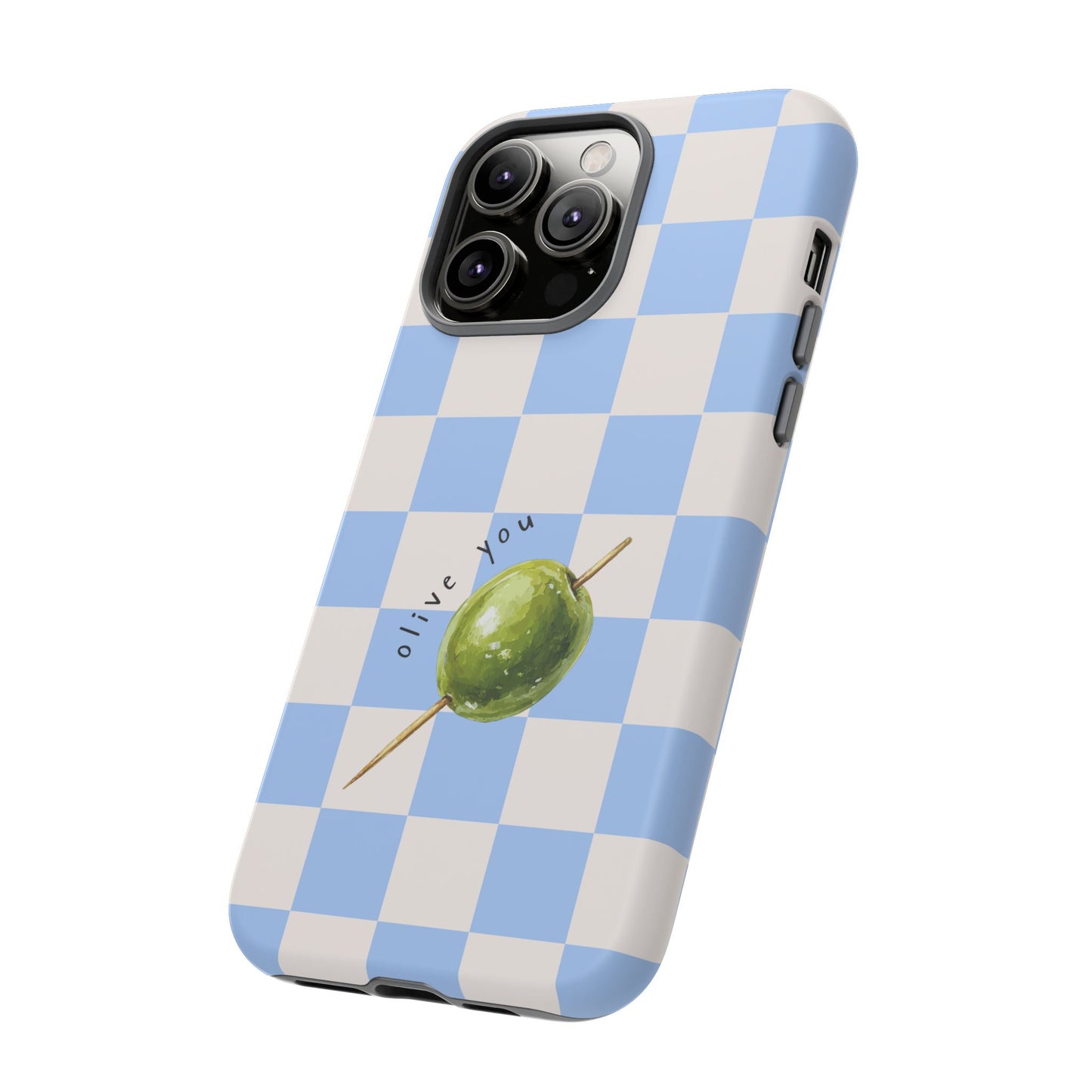 Blue Checkered Phone Case — 'Olive You' Patterned Protective Cover