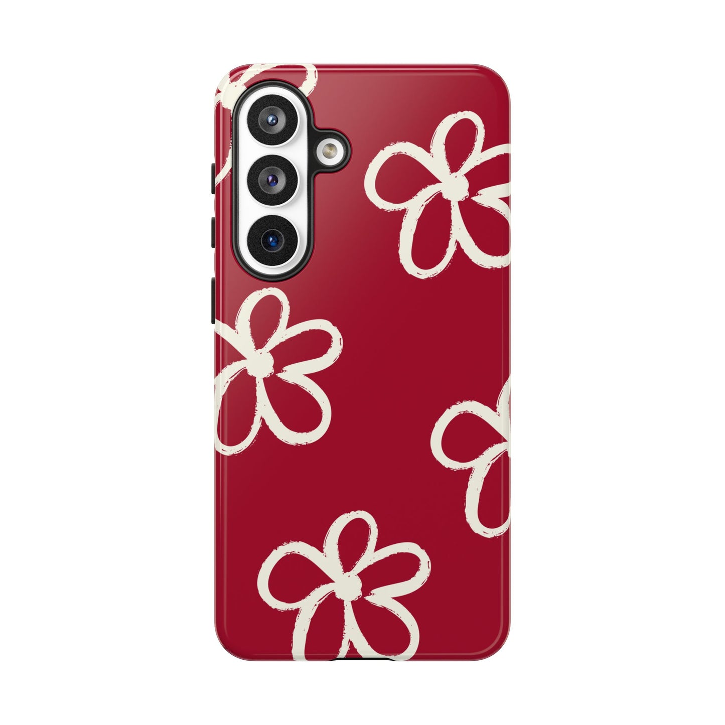 Red Floral Tough Phone Case — Hand-Drawn White Flowers on Burgundy