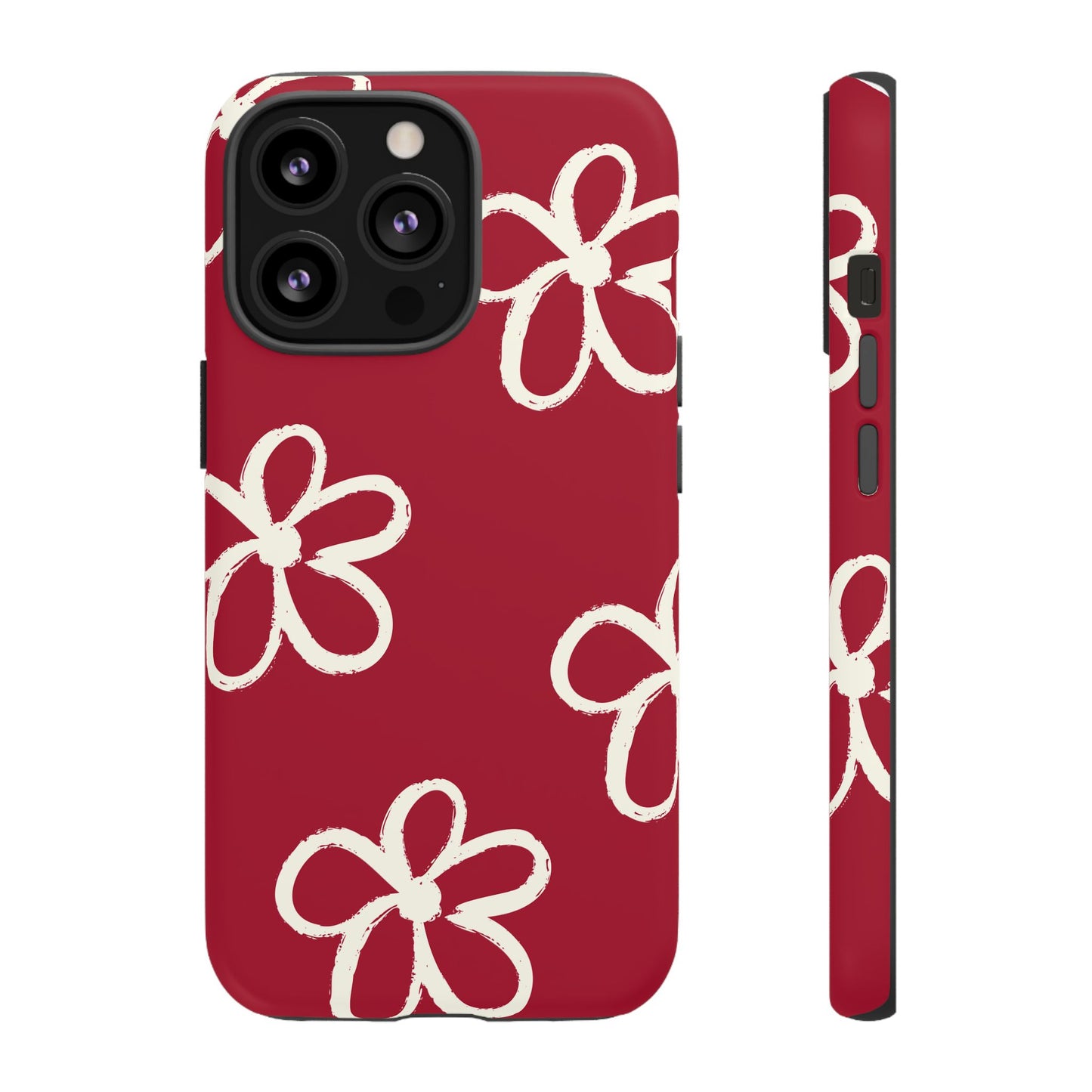 Red Floral Tough Phone Case — Hand-Drawn White Flowers on Burgundy