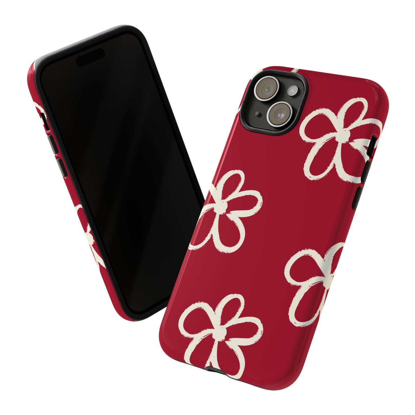 Red Floral Tough Phone Case — Hand-Drawn White Flowers on Burgundy