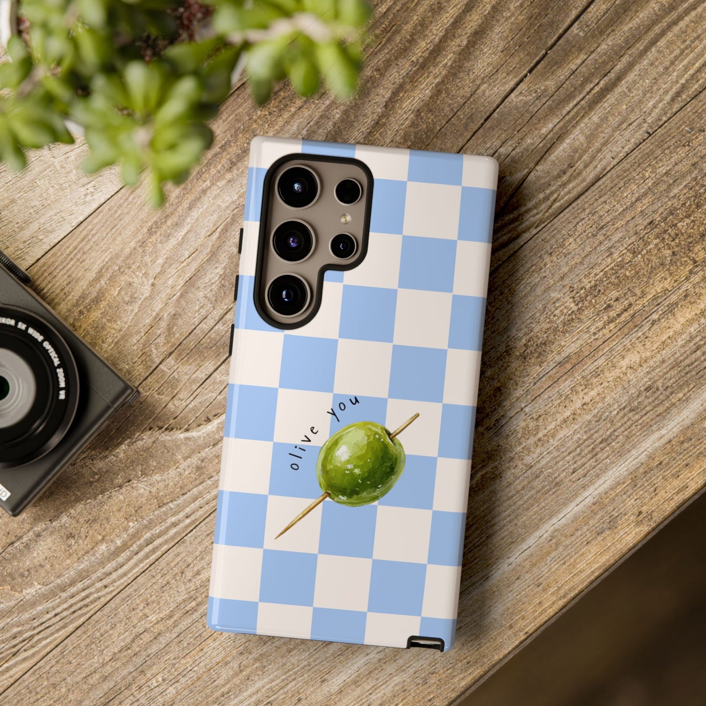 Blue Checkered Phone Case — 'Olive You' Patterned Protective Cover