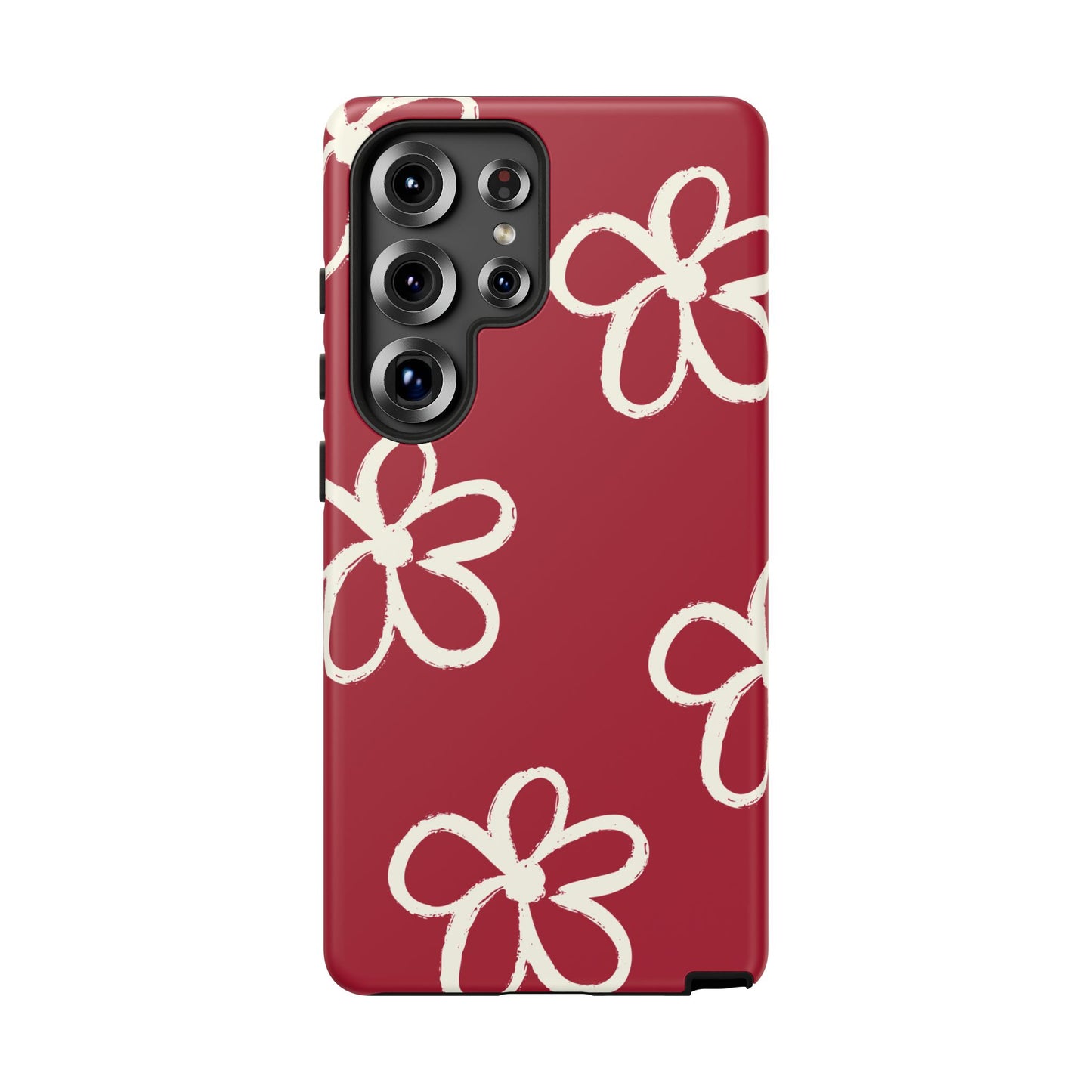 Red Floral Tough Phone Case — Hand-Drawn White Flowers on Burgundy