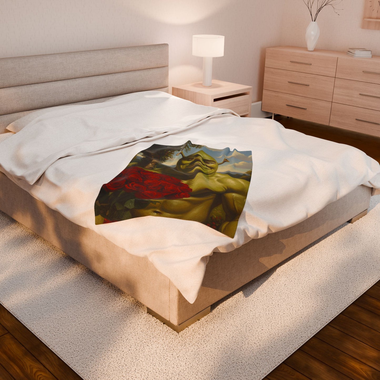 Plush Blanket - Muscular Ogre Holding Roses Velveteen Throw