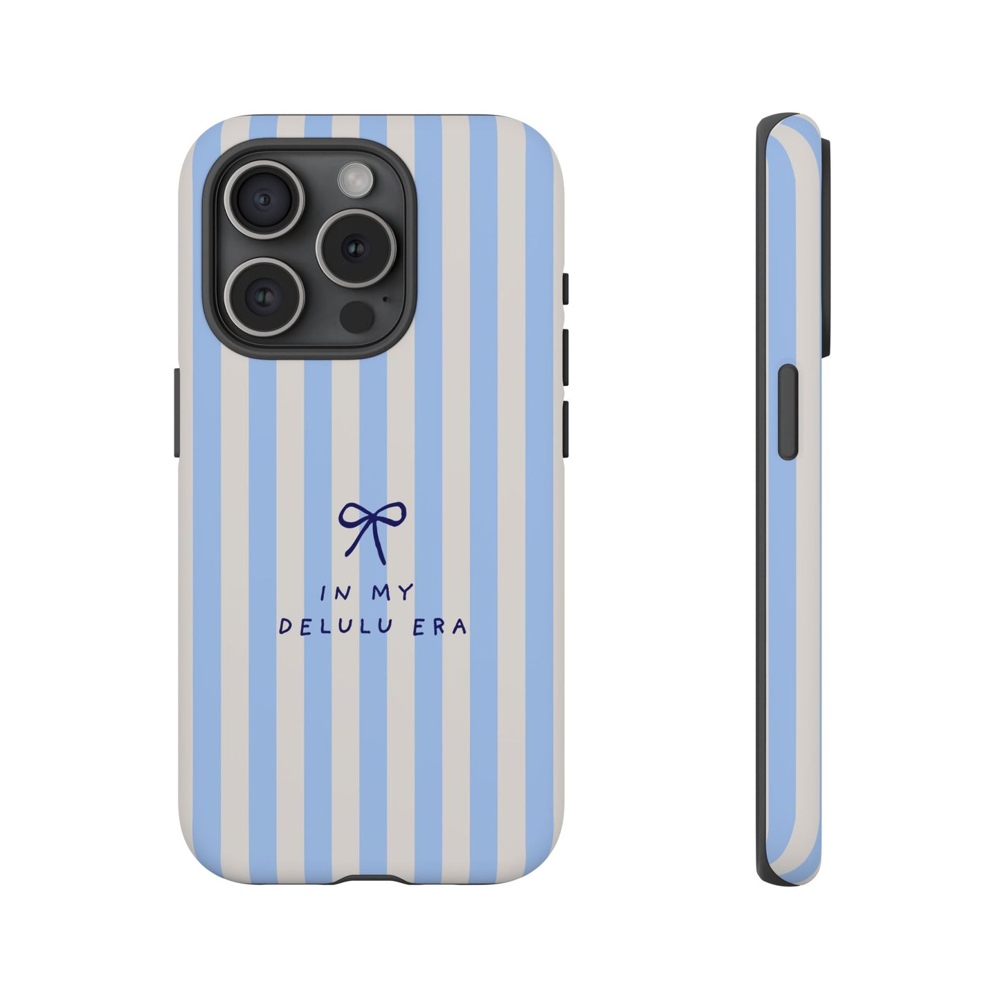 Striped Blue Phone Case — "In My Delulu Era" Cute Bow Design
