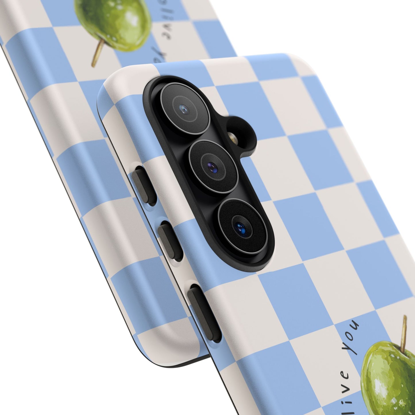 Blue Checkered Phone Case — 'Olive You' Patterned Protective Cover