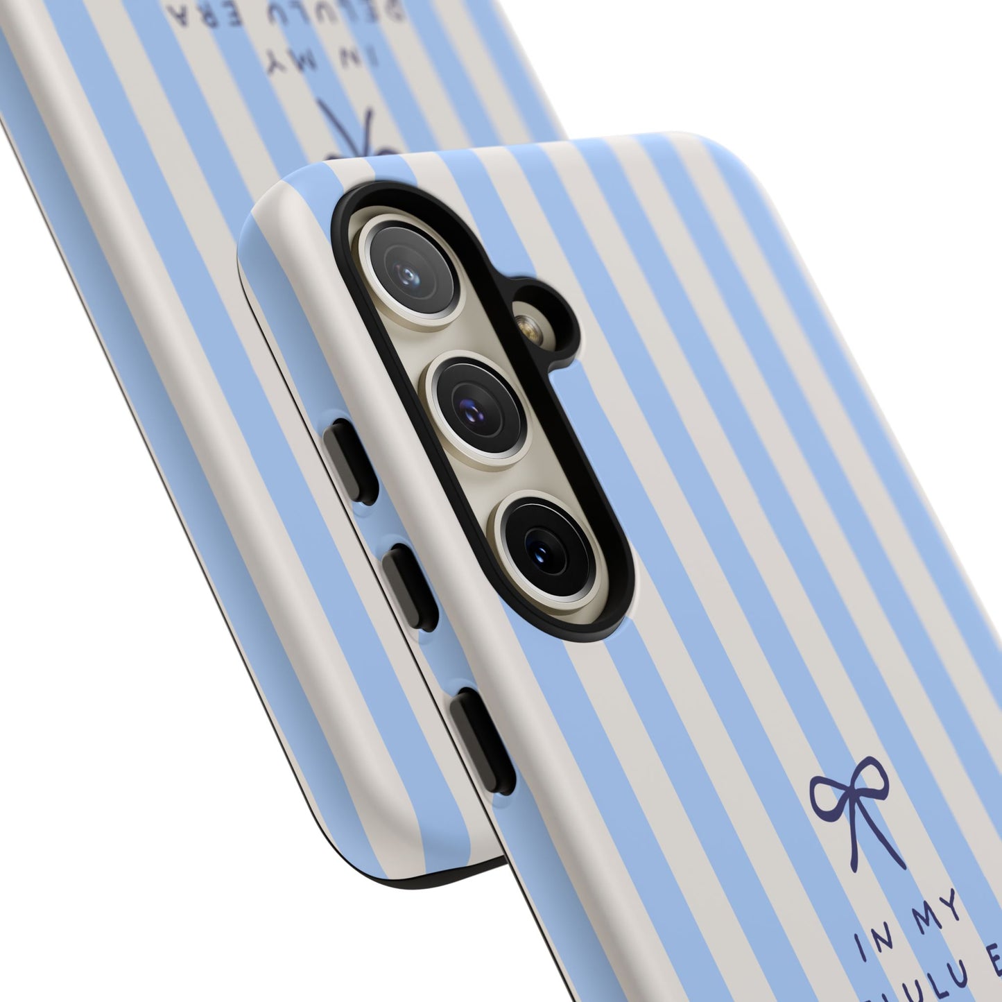 Striped Blue Phone Case — "In My Delulu Era" Cute Bow Design