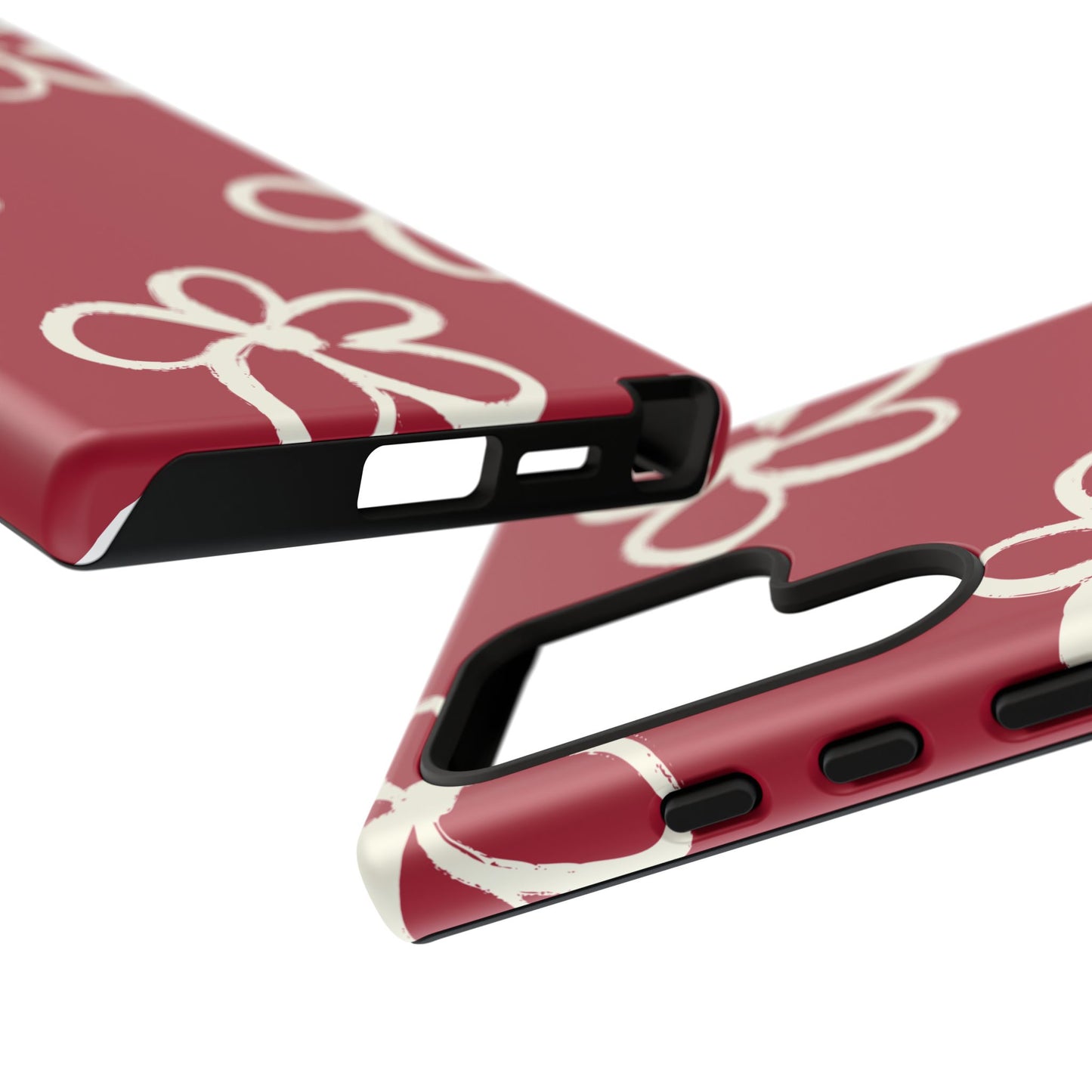 Red Floral Tough Phone Case — Hand-Drawn White Flowers on Burgundy