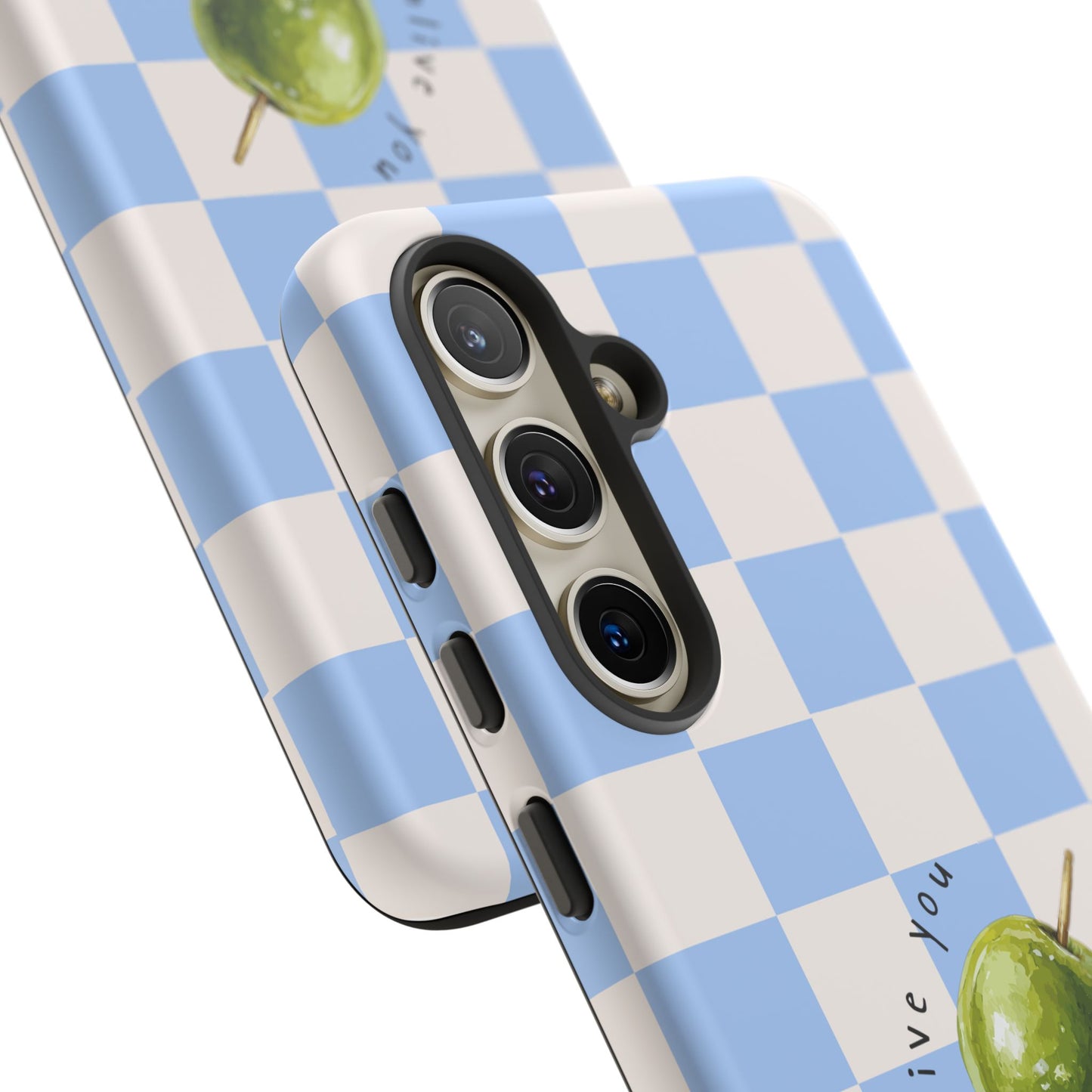 Blue Checkered Phone Case — 'Olive You' Patterned Protective Cover