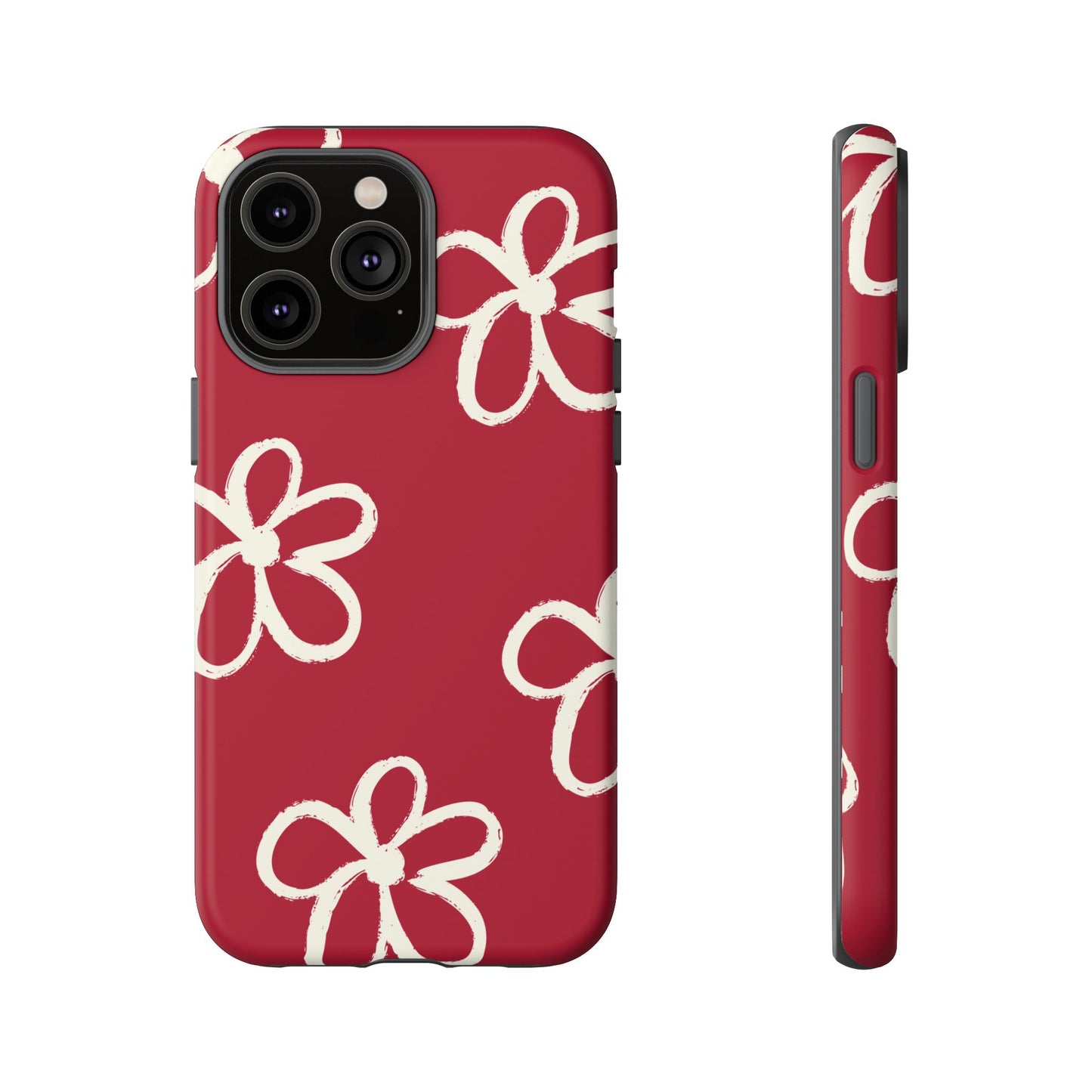 Red Floral Tough Phone Case — Hand-Drawn White Flowers on Burgundy
