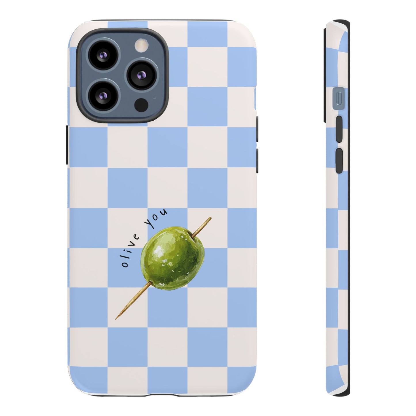 Blue Checkered Phone Case — 'Olive You' Patterned Protective Cover