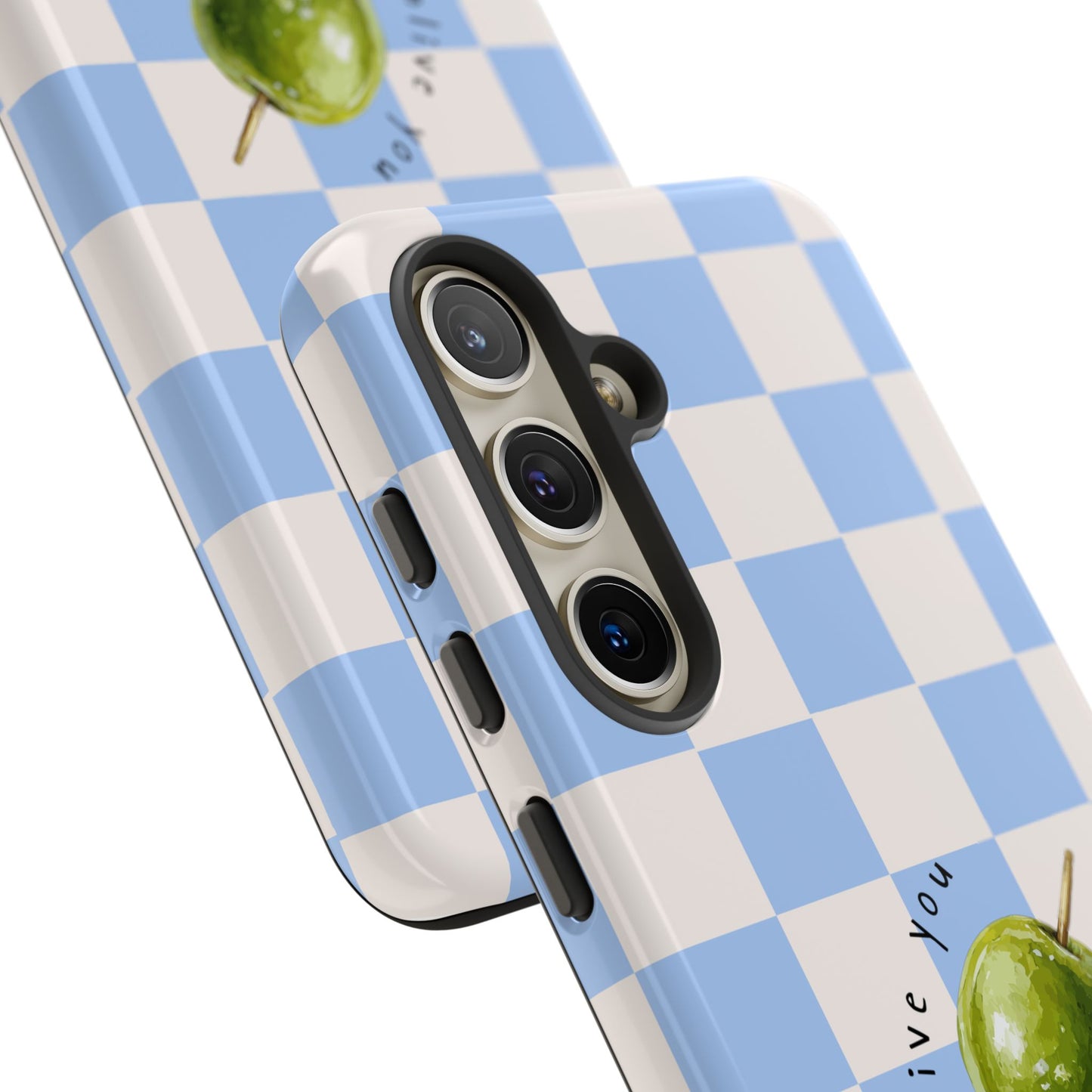 Blue Checkered Phone Case — 'Olive You' Patterned Protective Cover