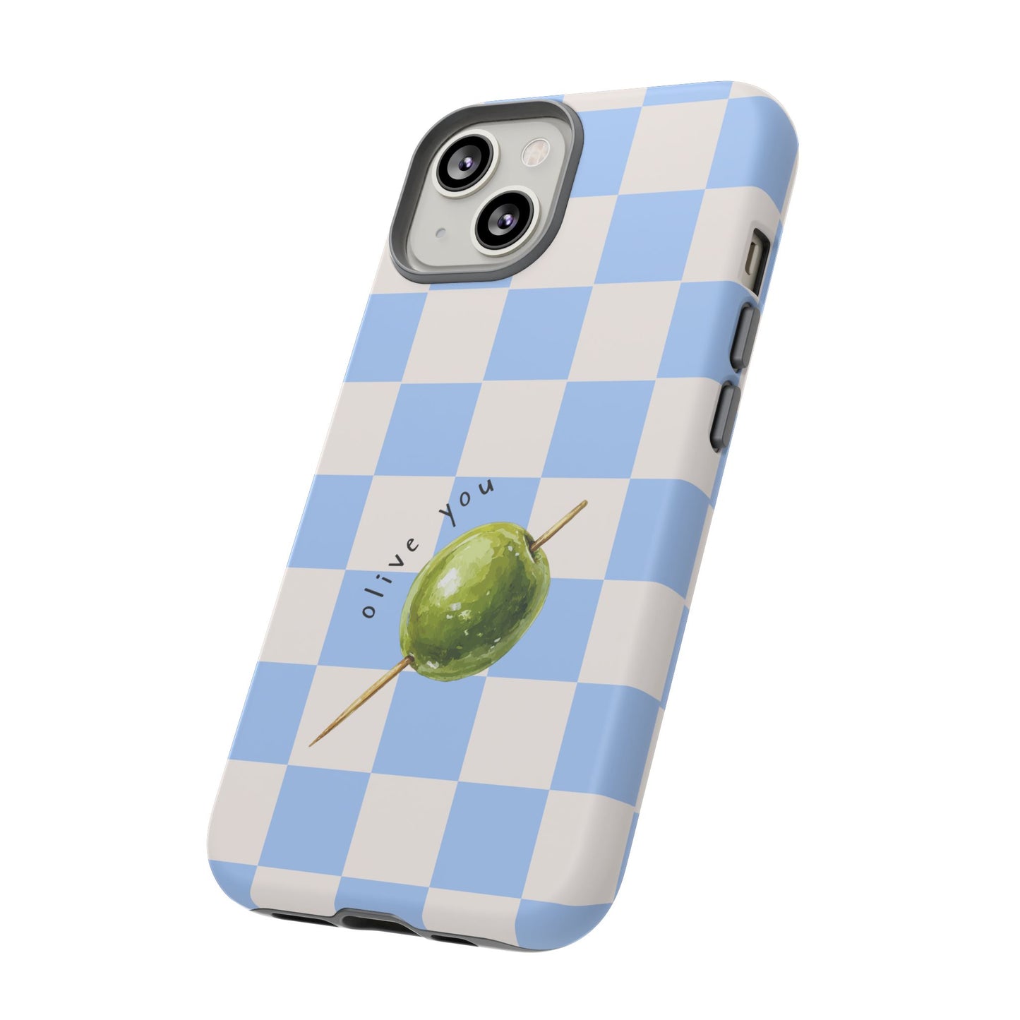 Blue Checkered Phone Case — 'Olive You' Patterned Protective Cover