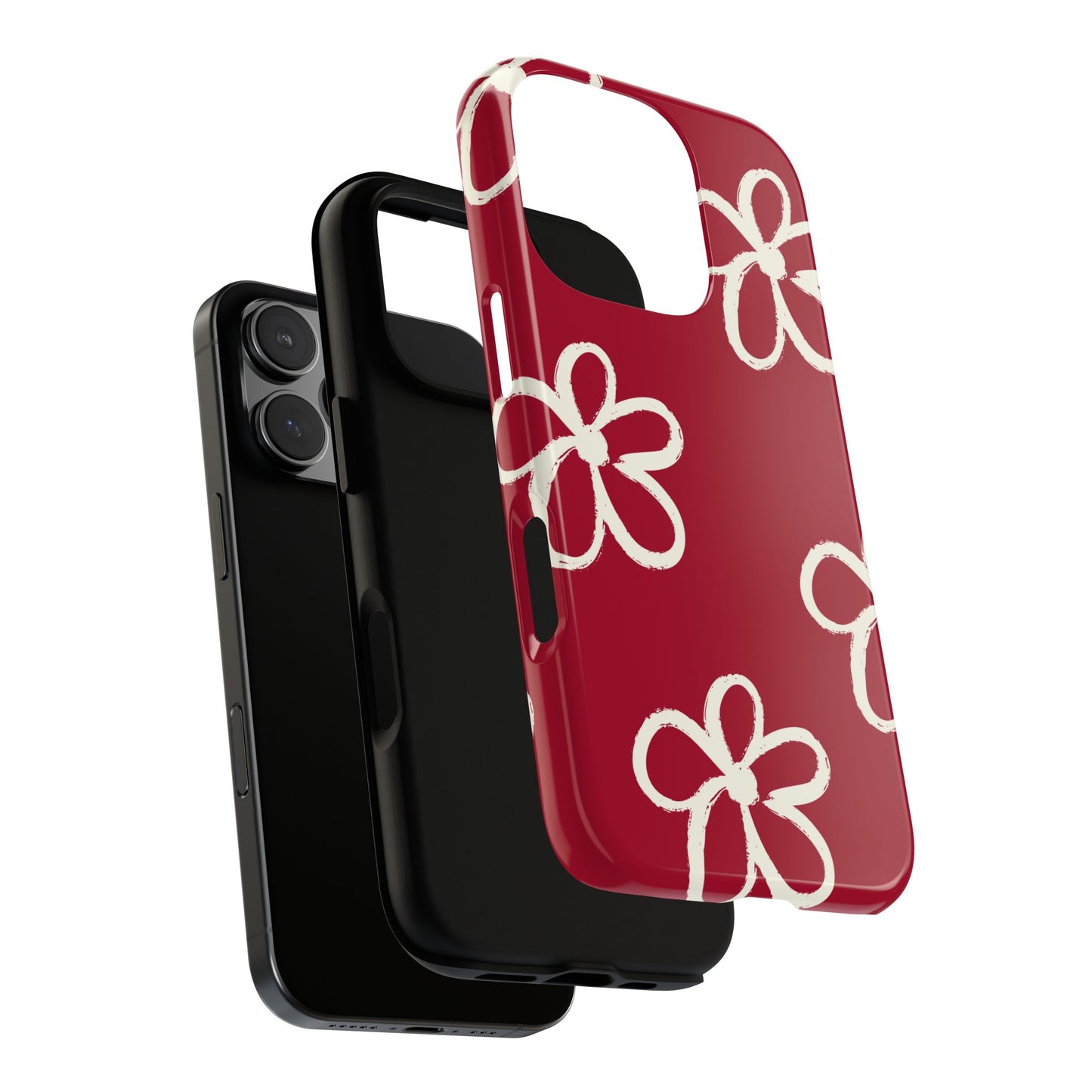 Red Floral Tough Phone Case — Hand-Drawn White Flowers on Burgundy