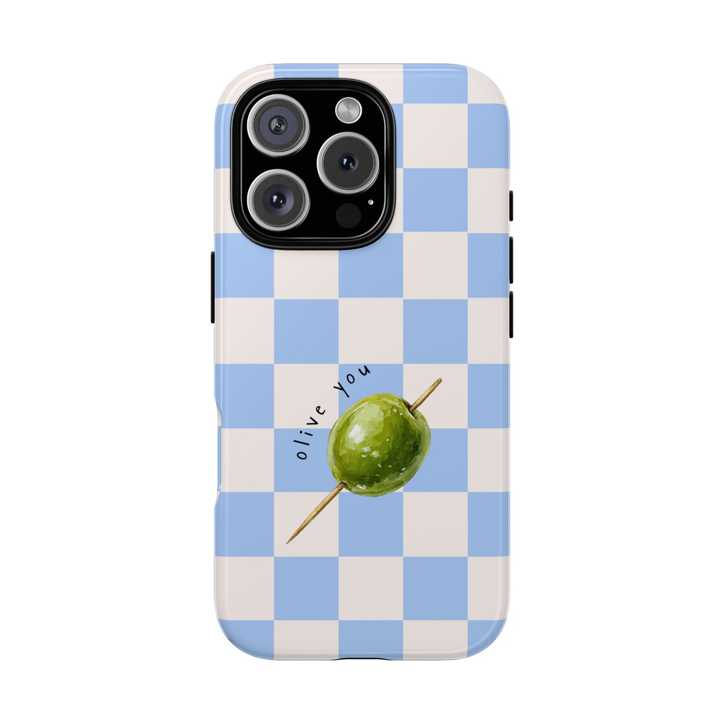 Blue Checkered Phone Case — 'Olive You' Patterned Protective Cover