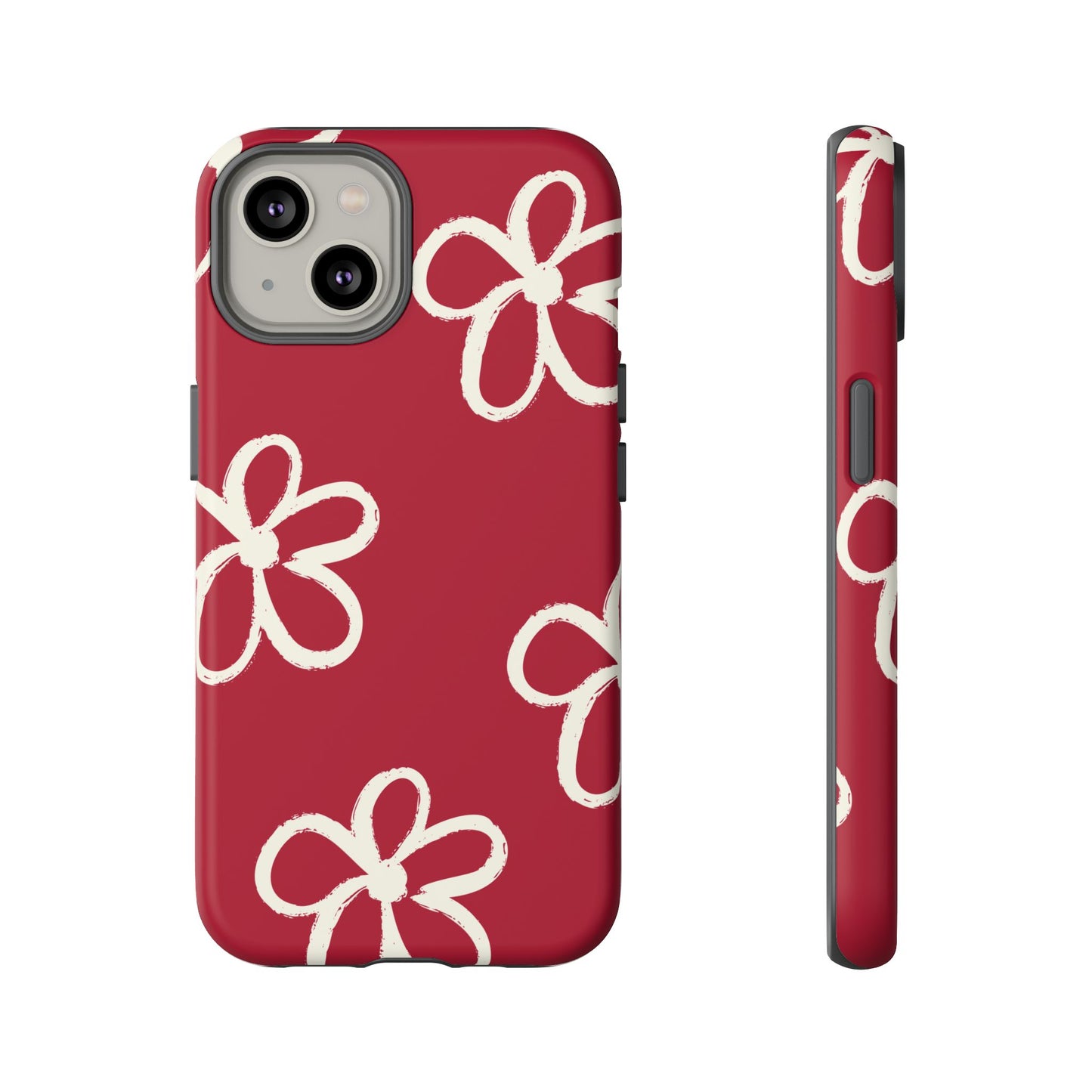 Red Floral Tough Phone Case — Hand-Drawn White Flowers on Burgundy