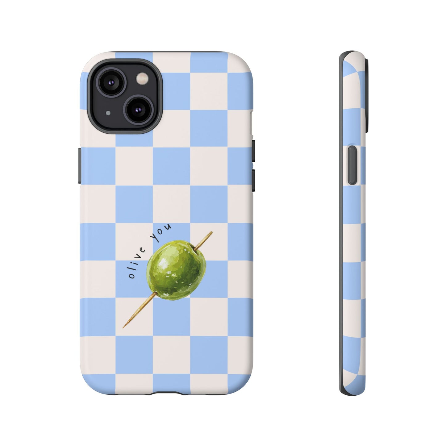 Blue Checkered Phone Case — 'Olive You' Patterned Protective Cover