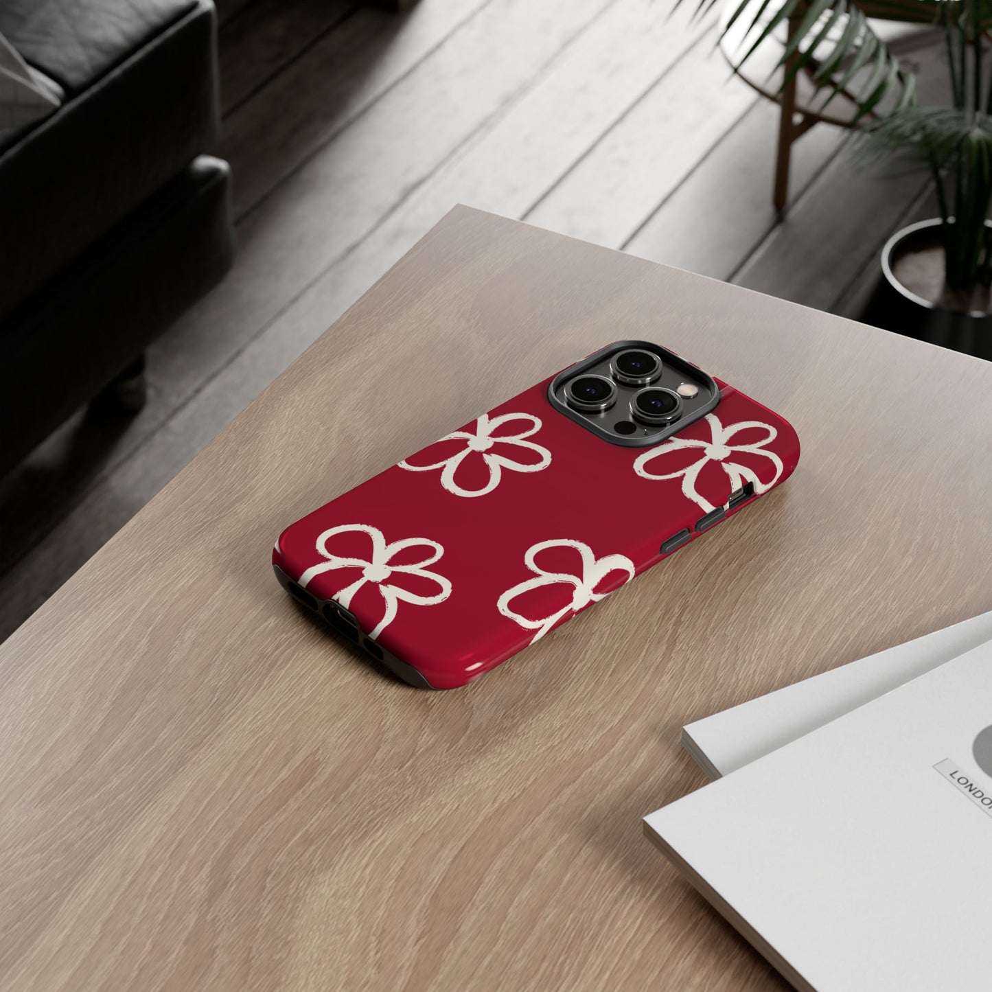 Red Floral Tough Phone Case — Hand-Drawn White Flowers on Burgundy