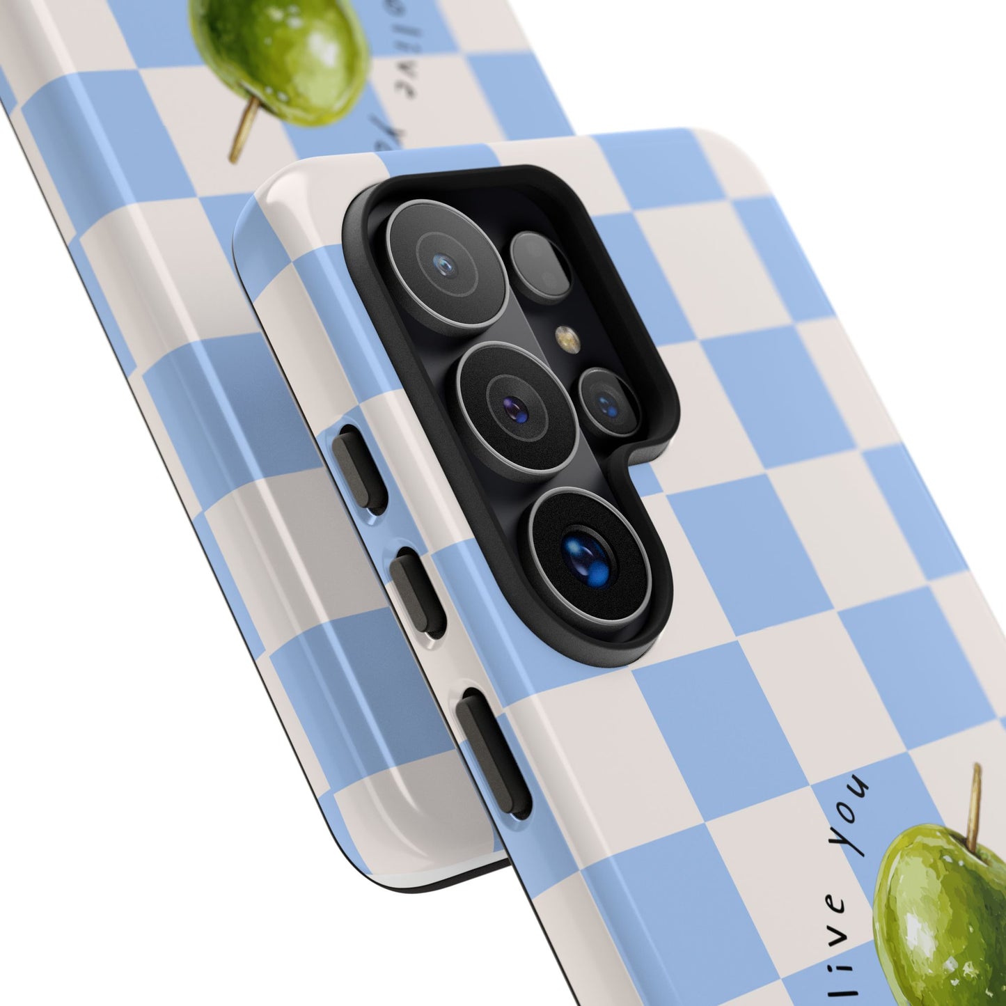 Blue Checkered Phone Case — 'Olive You' Patterned Protective Cover