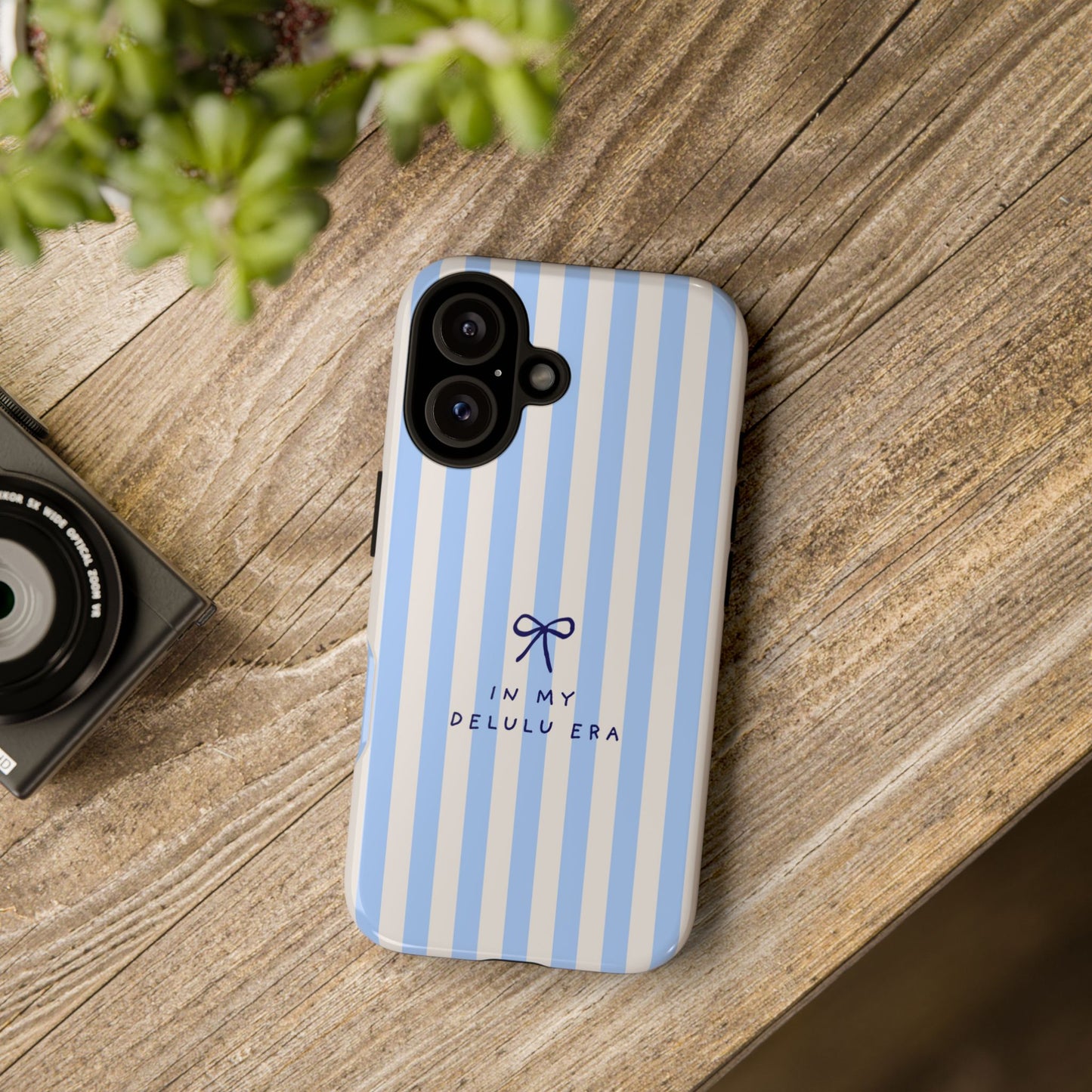 Striped Blue Phone Case — "In My Delulu Era" Cute Bow Design