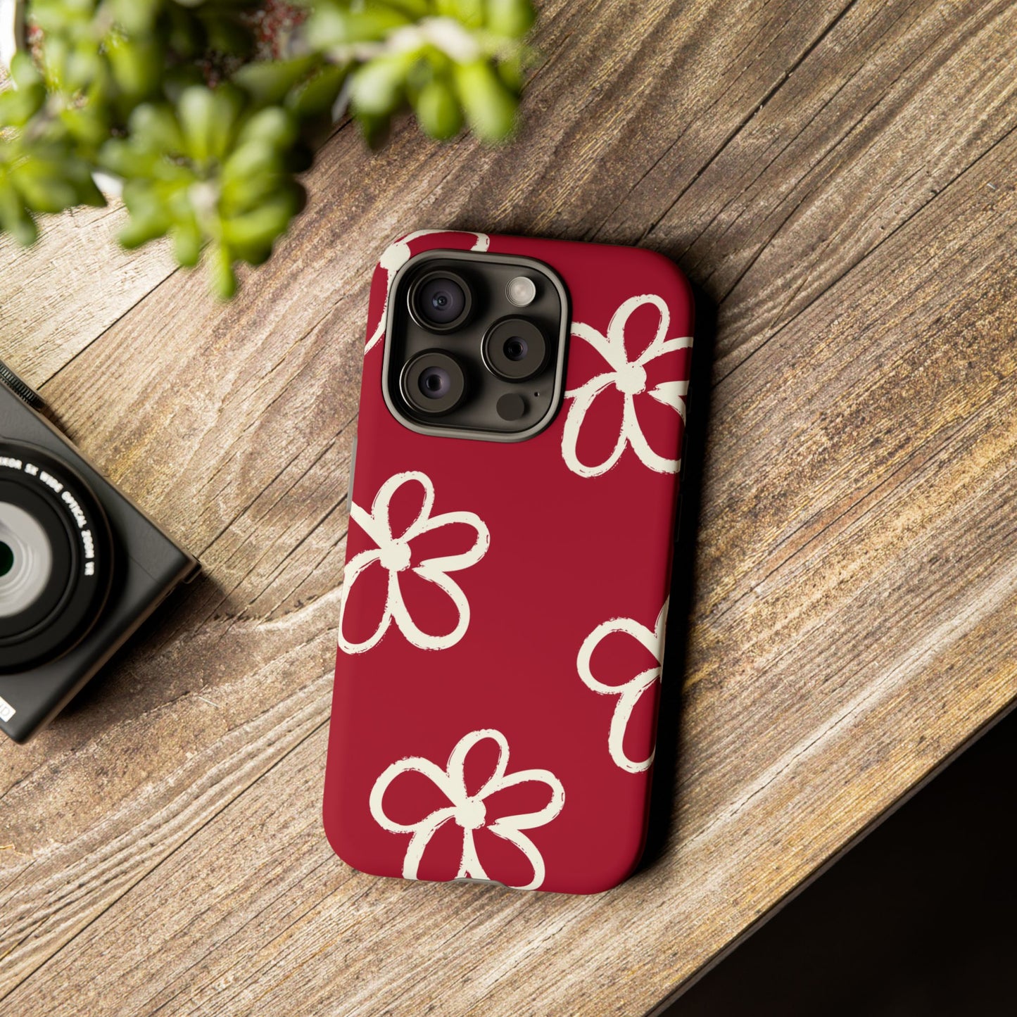 Red Floral Tough Phone Case — Hand-Drawn White Flowers on Burgundy