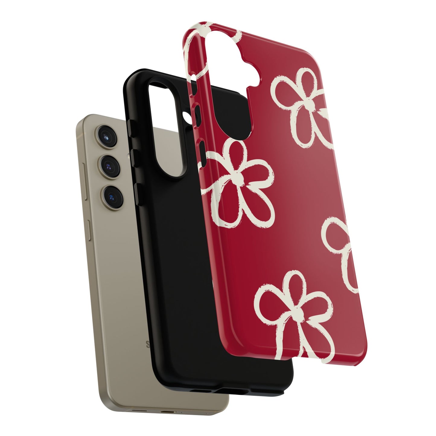 Red Floral Tough Phone Case — Hand-Drawn White Flowers on Burgundy