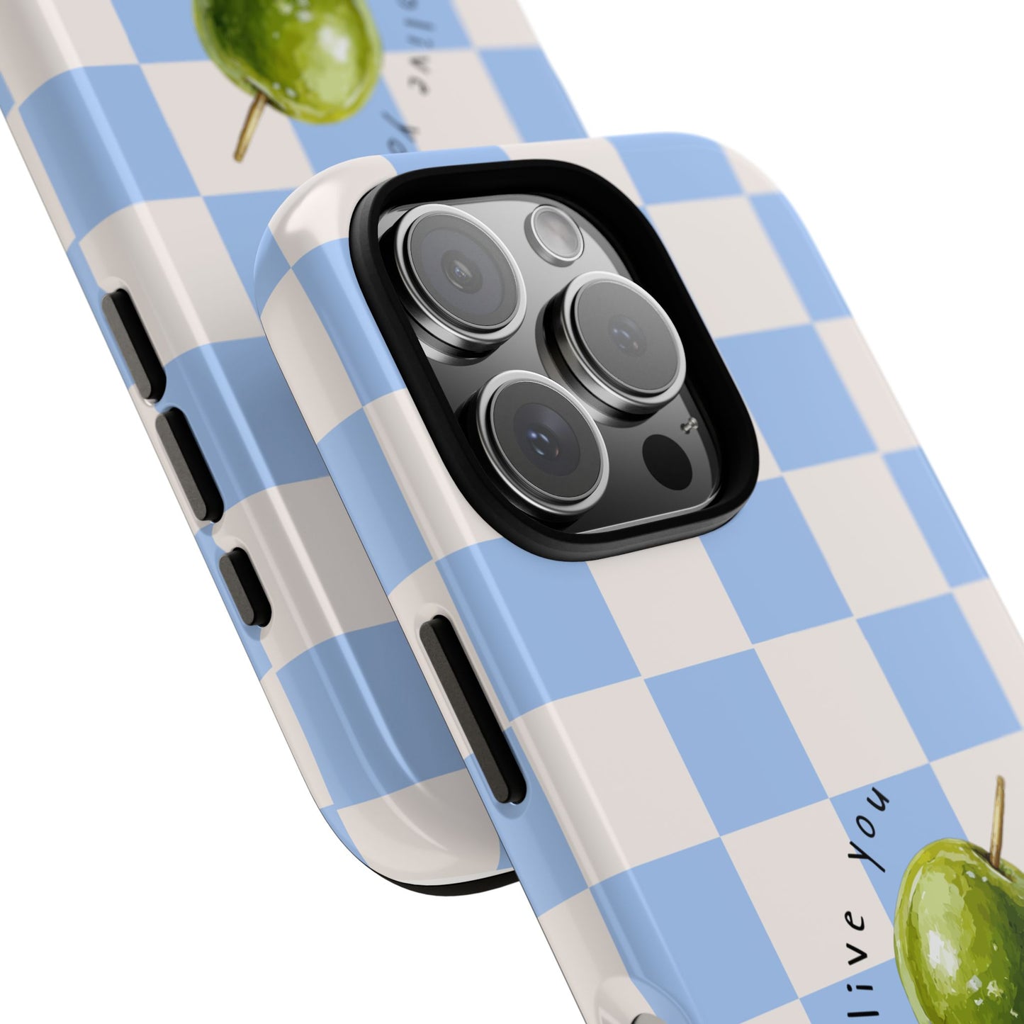 Blue Checkered Phone Case — 'Olive You' Patterned Protective Cover