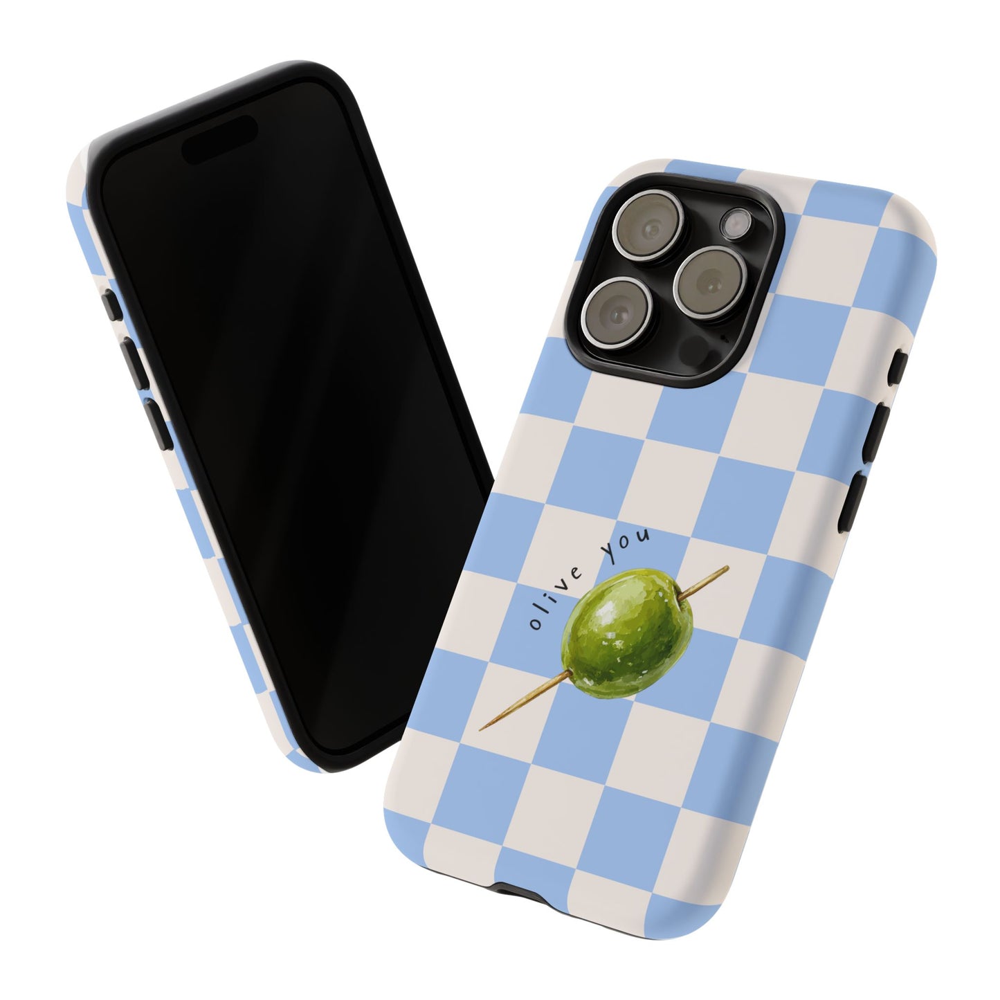 Blue Checkered Phone Case — 'Olive You' Patterned Protective Cover