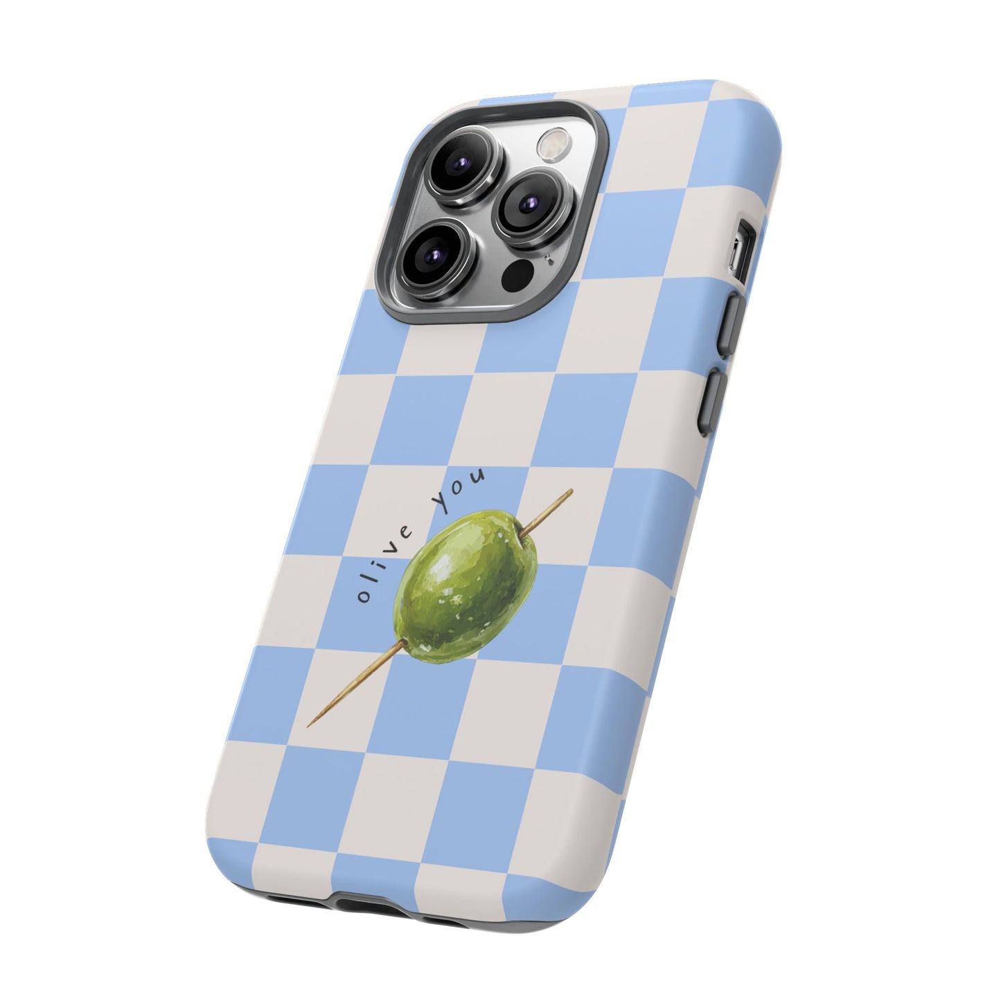 Blue Checkered Phone Case — 'Olive You' Patterned Protective Cover