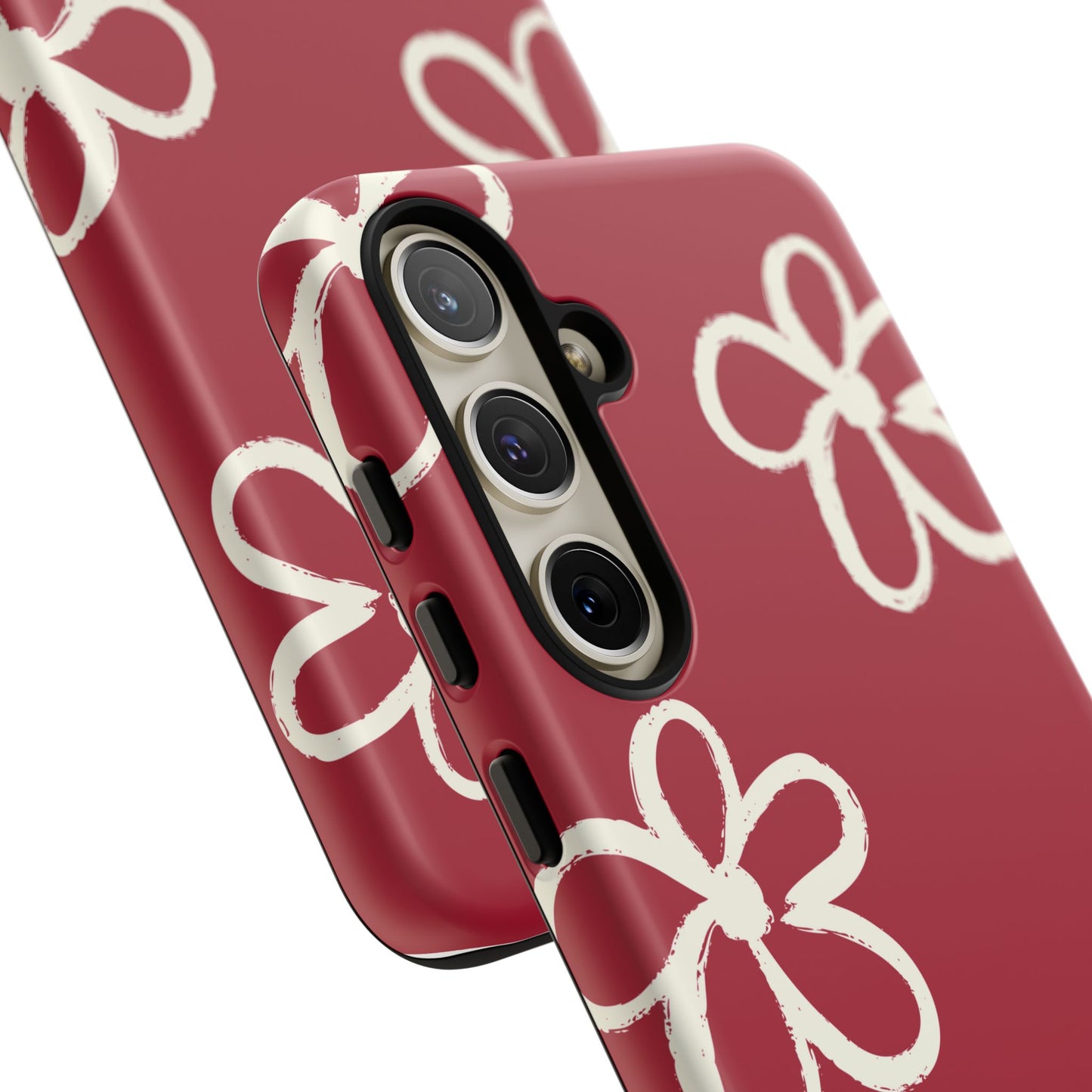 Red Floral Tough Phone Case — Hand-Drawn White Flowers on Burgundy