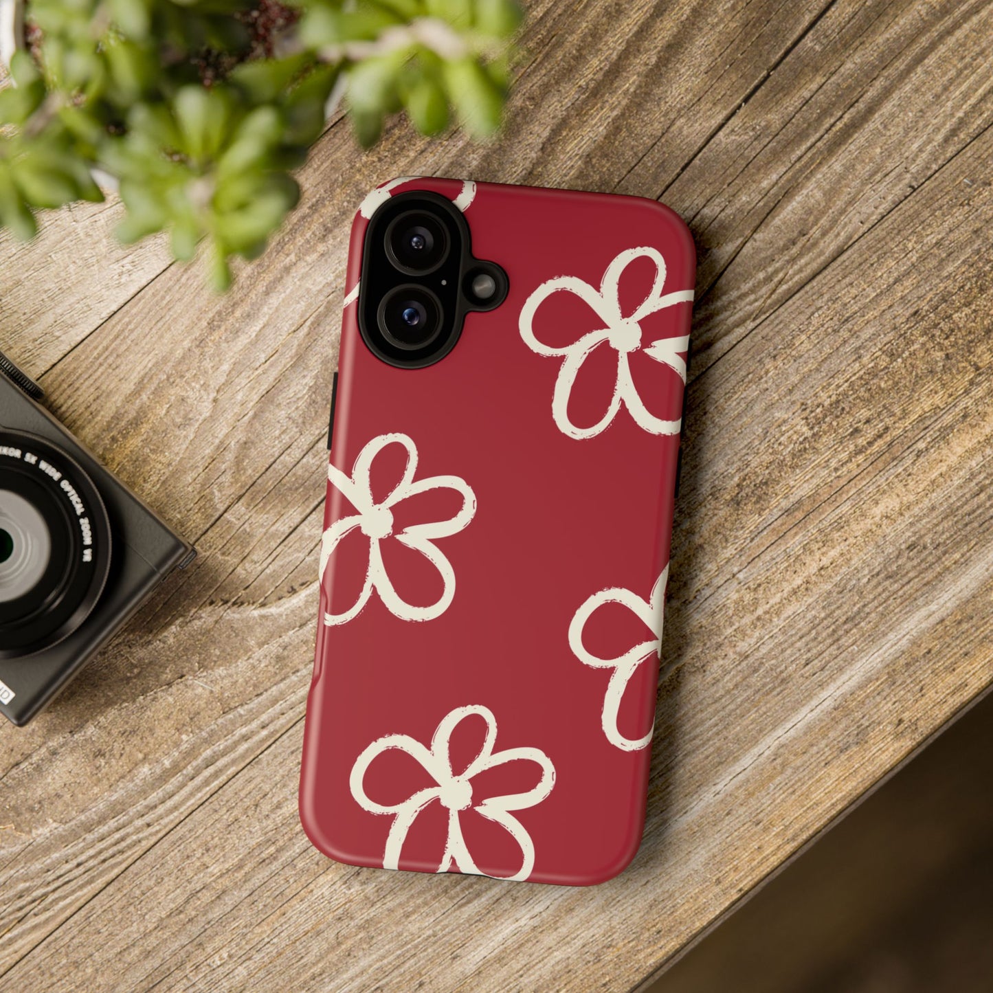 Red Floral Tough Phone Case — Hand-Drawn White Flowers on Burgundy