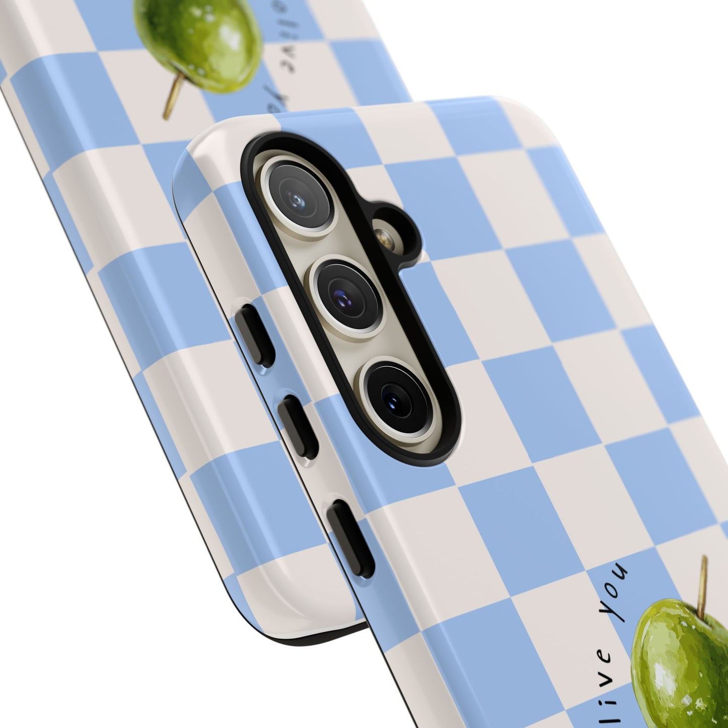 Blue Checkered Phone Case — 'Olive You' Patterned Protective Cover