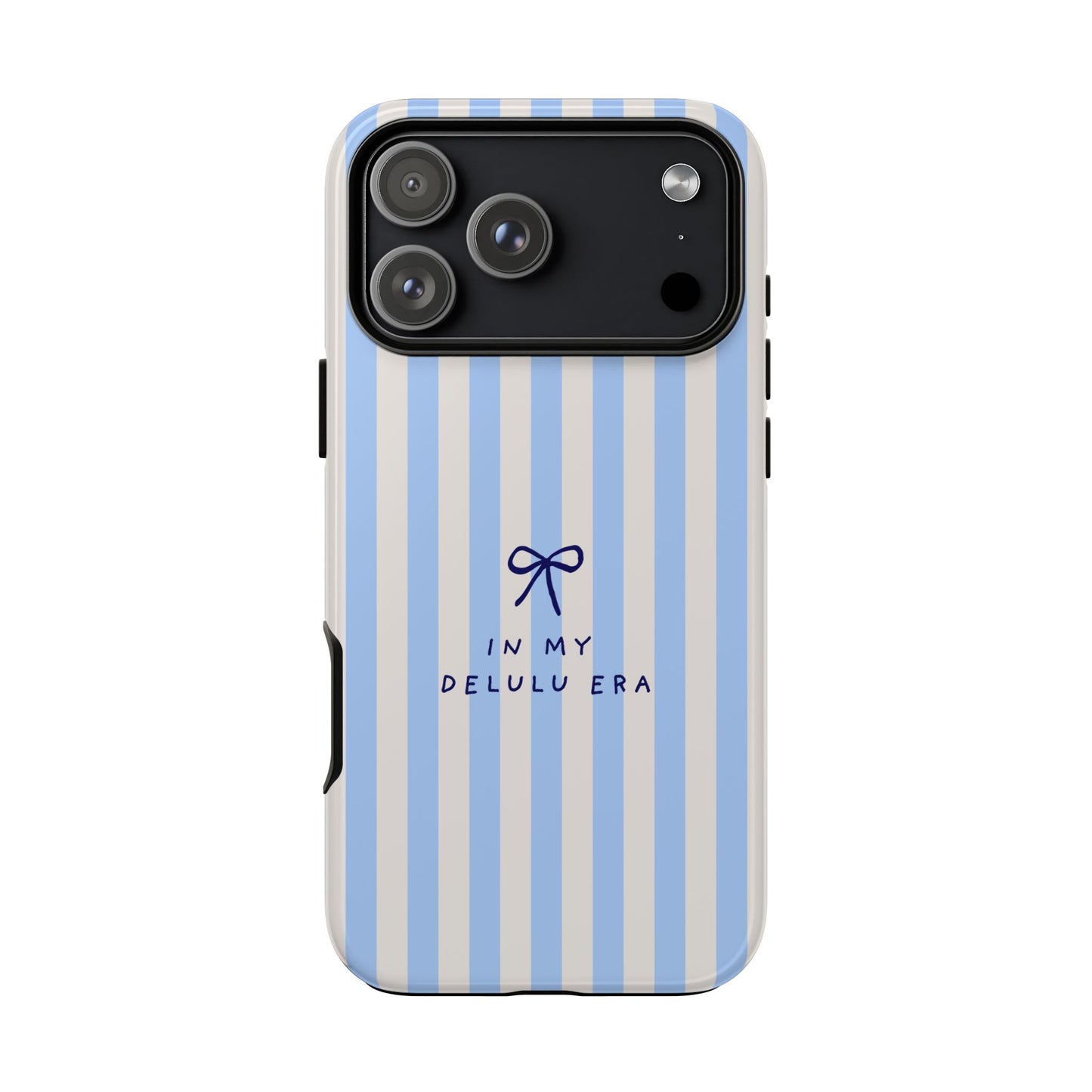 Striped Blue Phone Case — "In My Delulu Era" Cute Bow Design