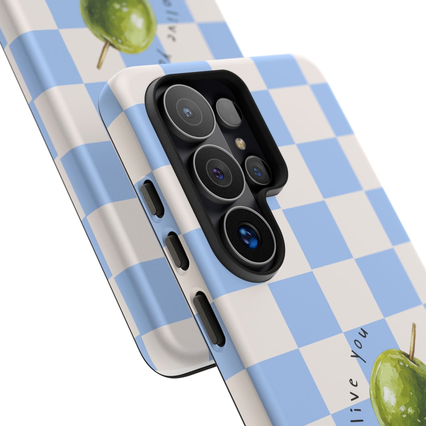 Blue Checkered Phone Case — 'Olive You' Patterned Protective Cover