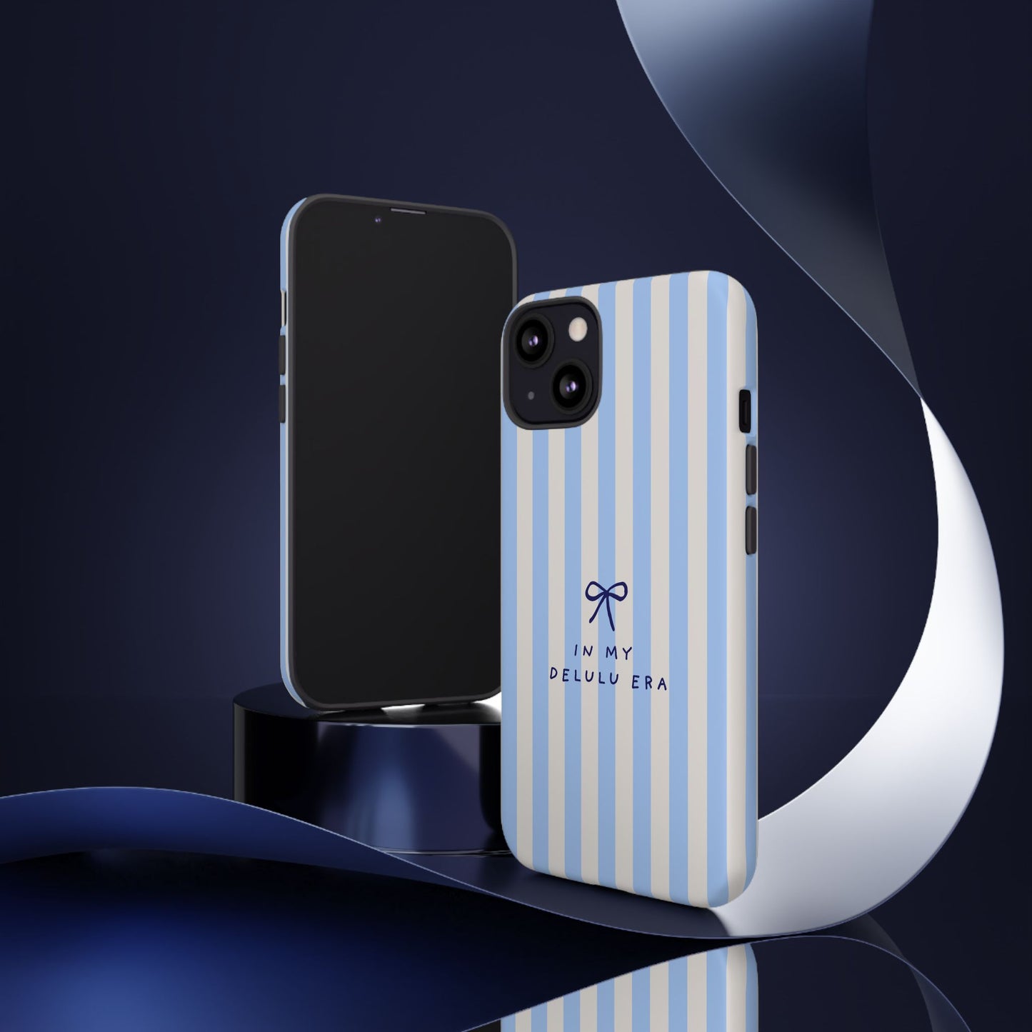 Striped Blue Phone Case — "In My Delulu Era" Cute Bow Design