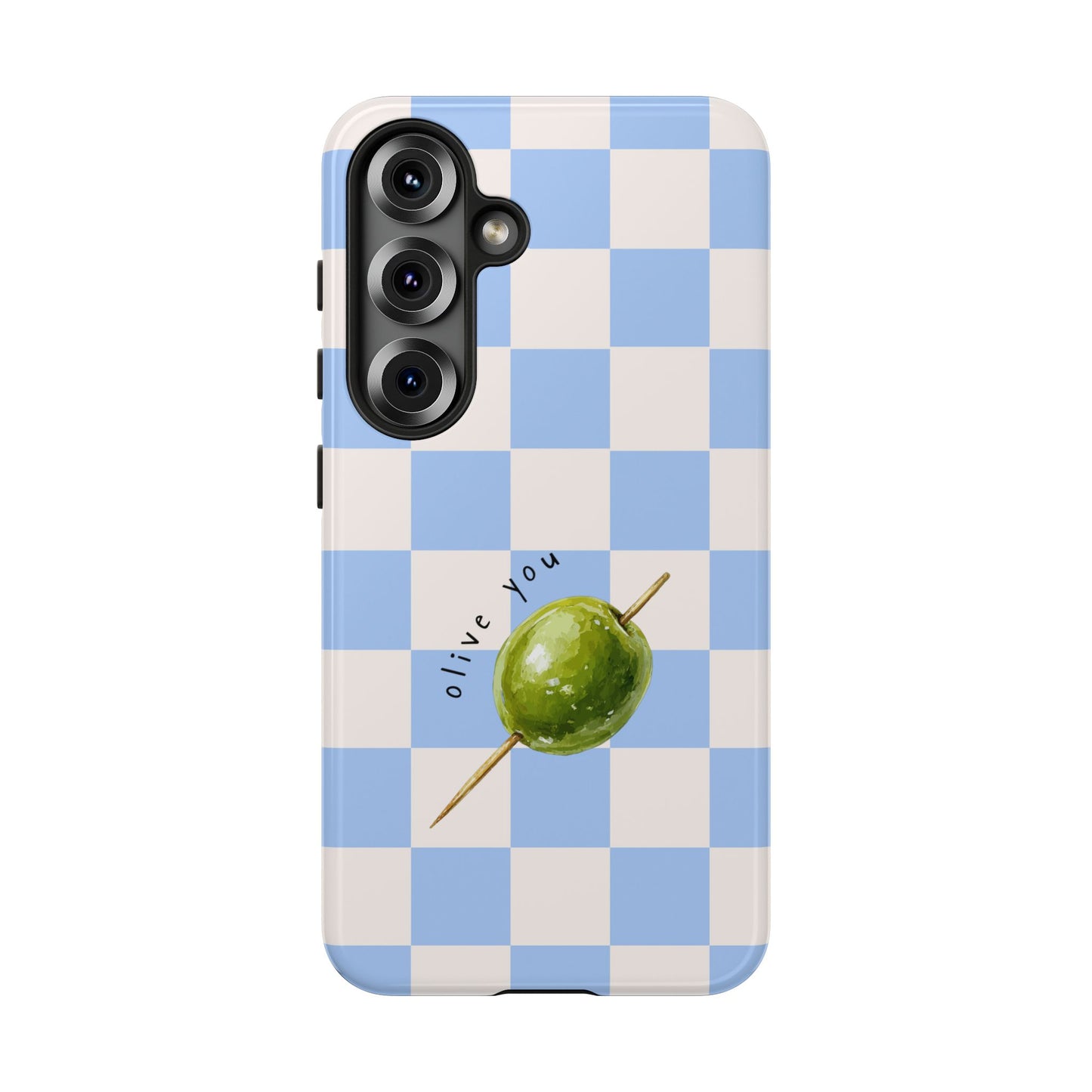 Blue Checkered Phone Case — 'Olive You' Patterned Protective Cover