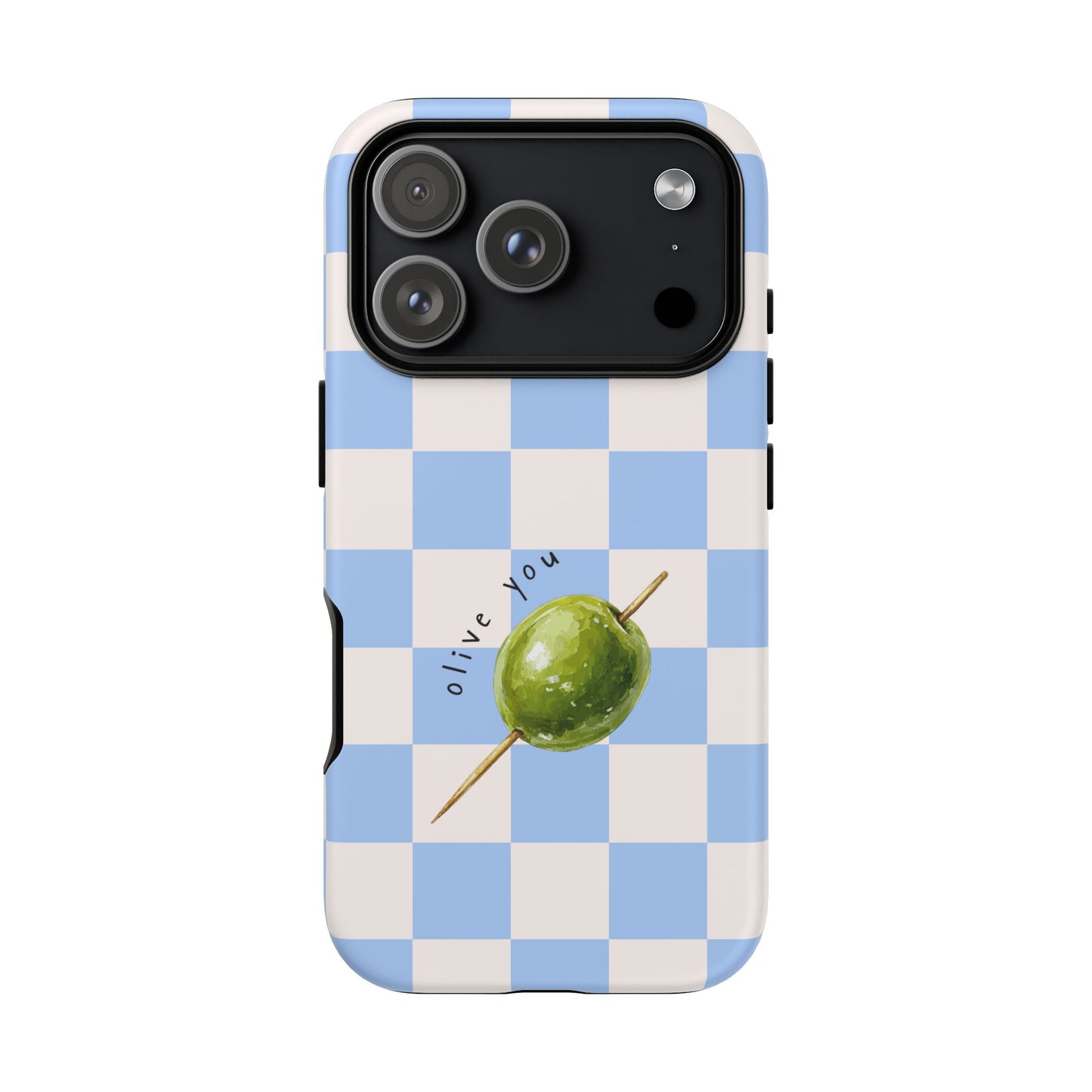 Blue Checkered Phone Case — 'Olive You' Patterned Protective Cover