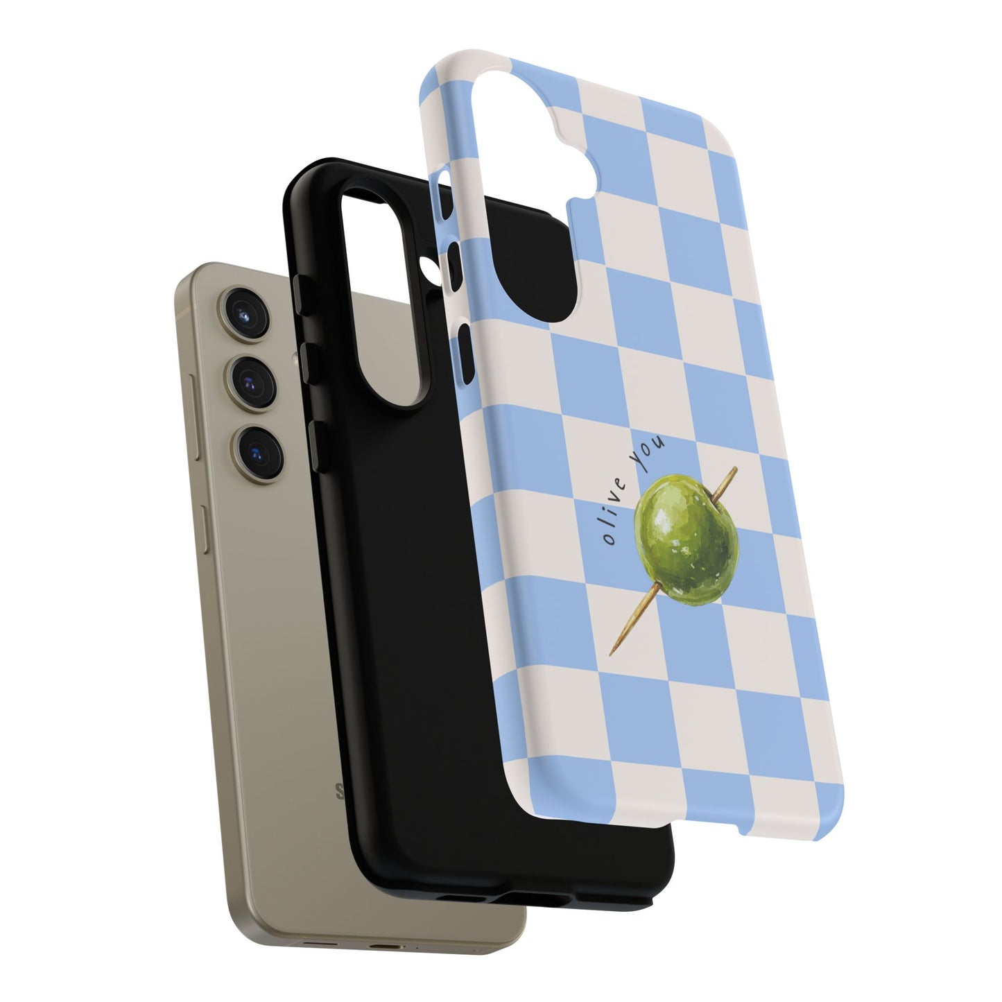 Blue Checkered Phone Case — 'Olive You' Patterned Protective Cover