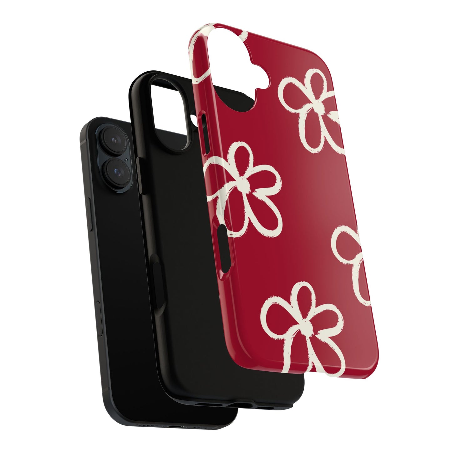 Red Floral Tough Phone Case — Hand-Drawn White Flowers on Burgundy