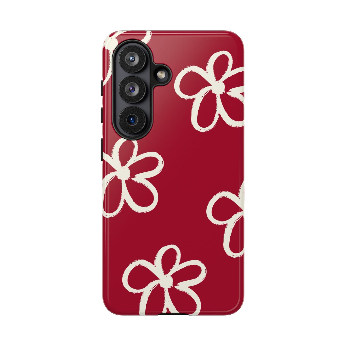 Red Floral Tough Phone Case — Hand-Drawn White Flowers on Burgundy