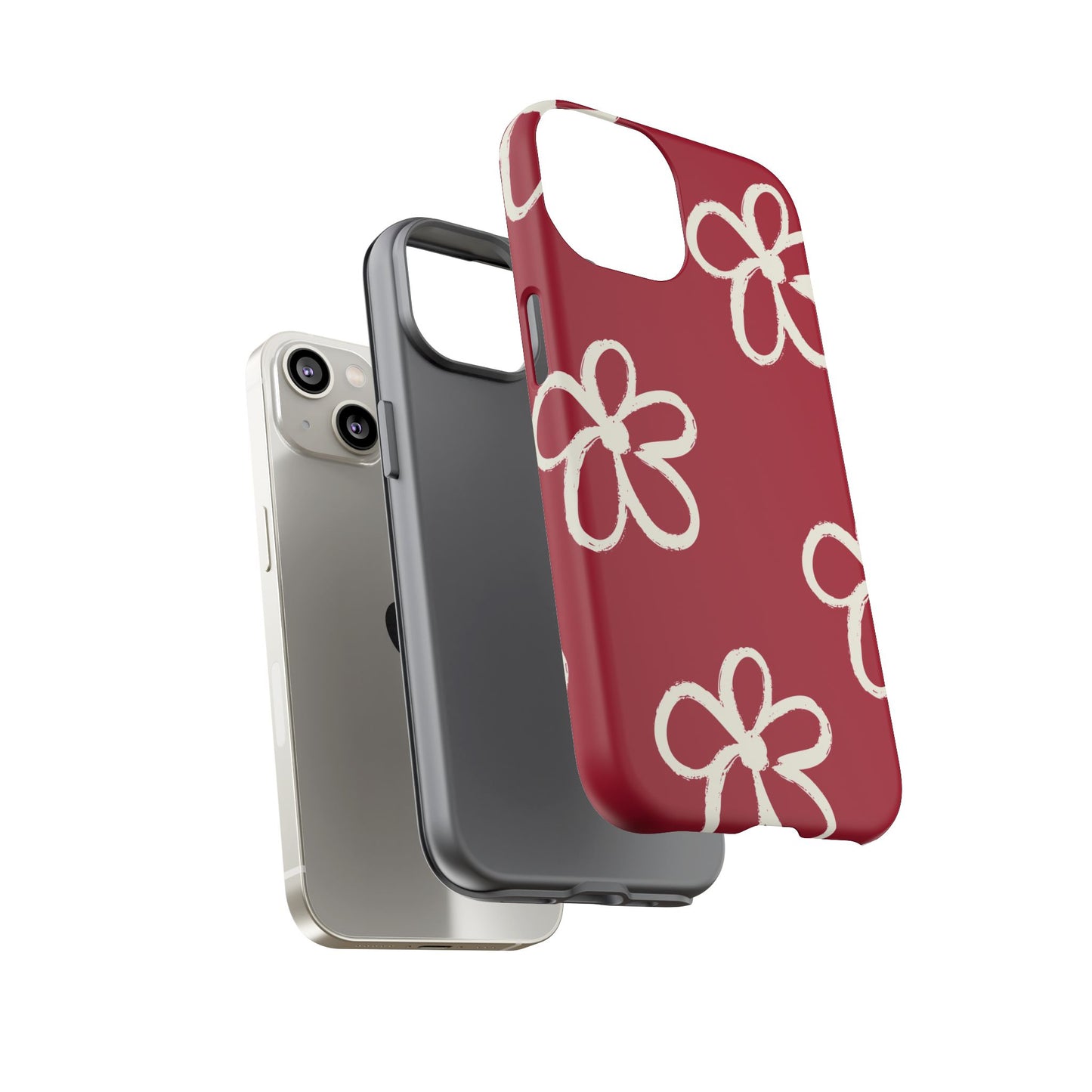 Red Floral Tough Phone Case — Hand-Drawn White Flowers on Burgundy