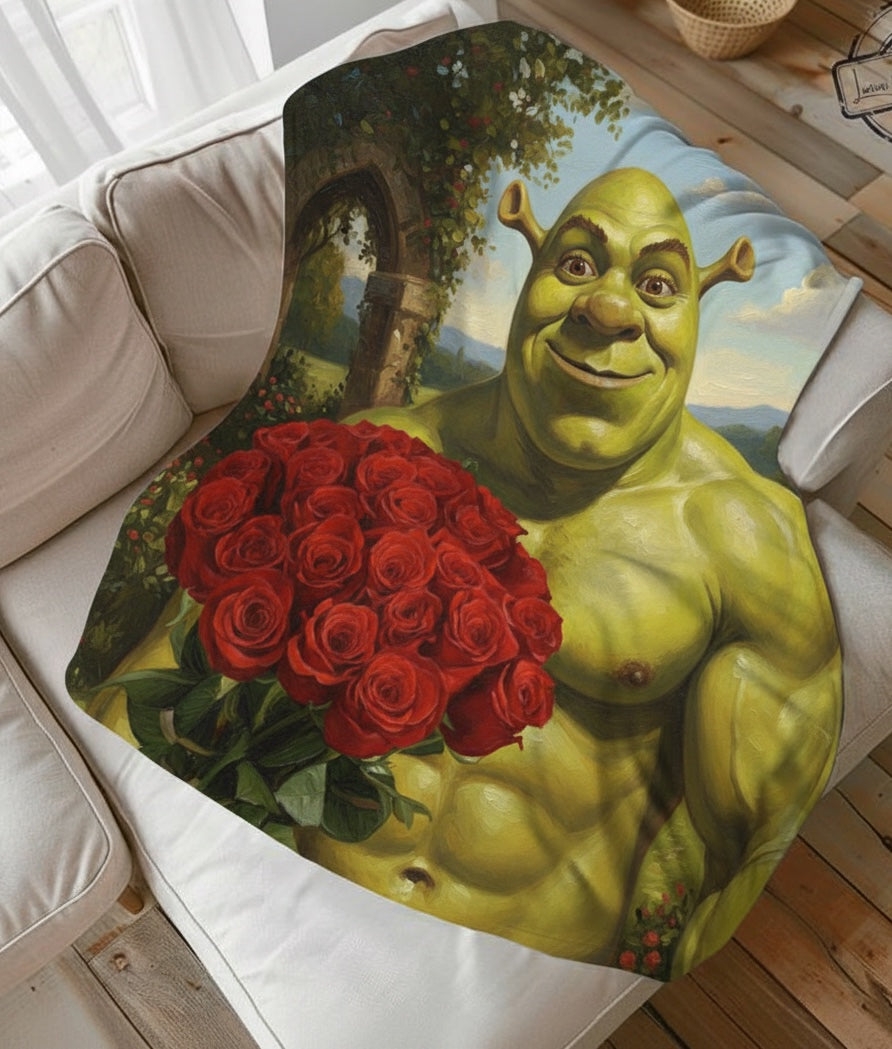 Plush Blanket - Muscular Ogre Holding Roses Velveteen Throw